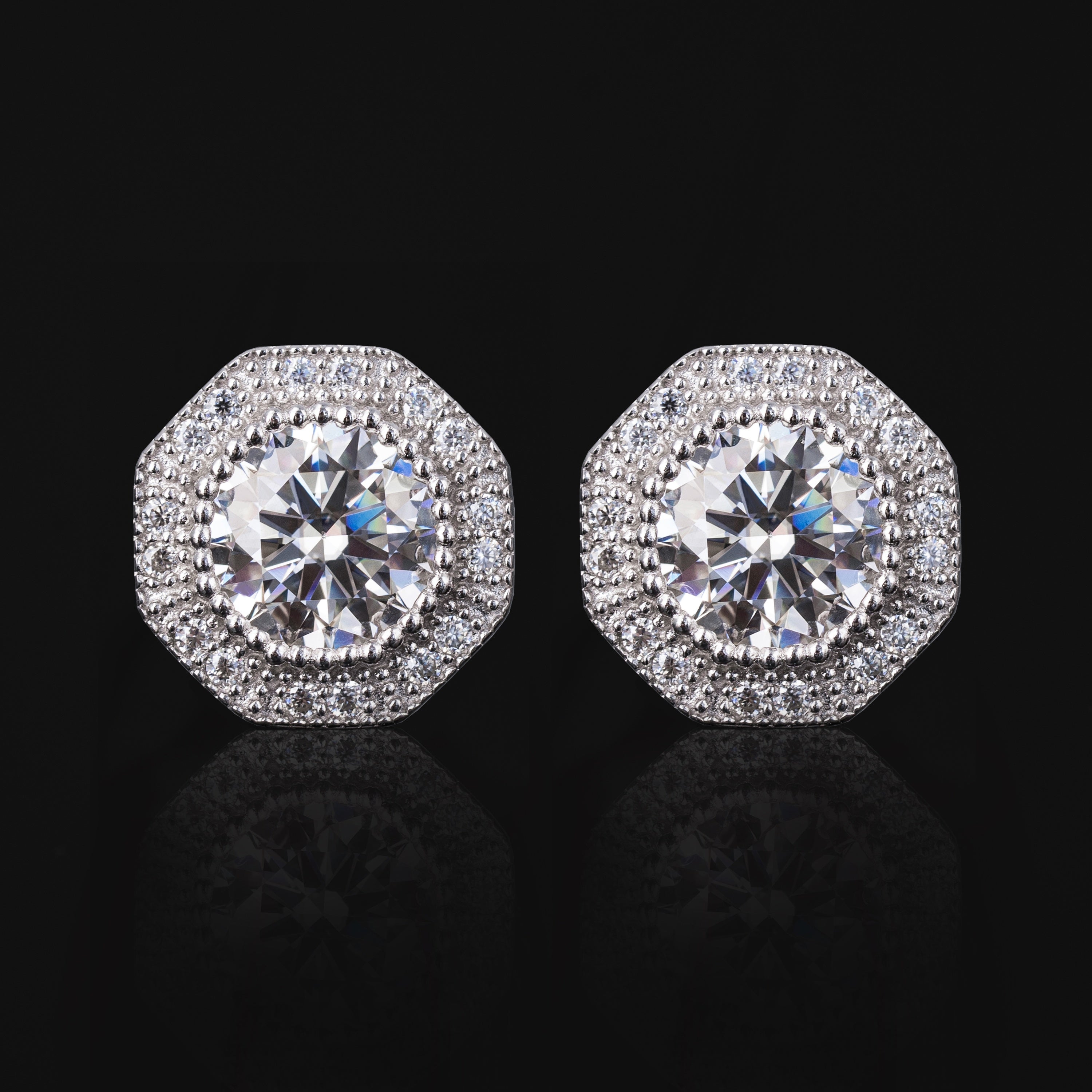 10.5MM Round Cut Center Moissanite Stud Earrings Fully Iced Out VVS Octagon Halo