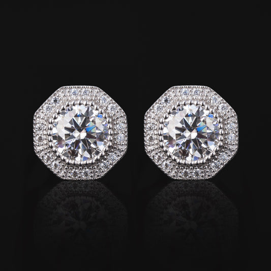 10.5MM Round Cut Center Moissanite Stud Earrings Fully Iced Out VVS Octagon Halo