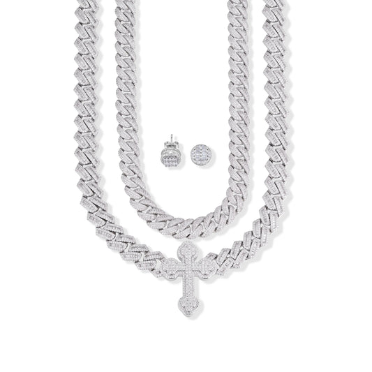 Ensemble chaîne cubaine et croix avec puces d’oreilles – Or 14 carats