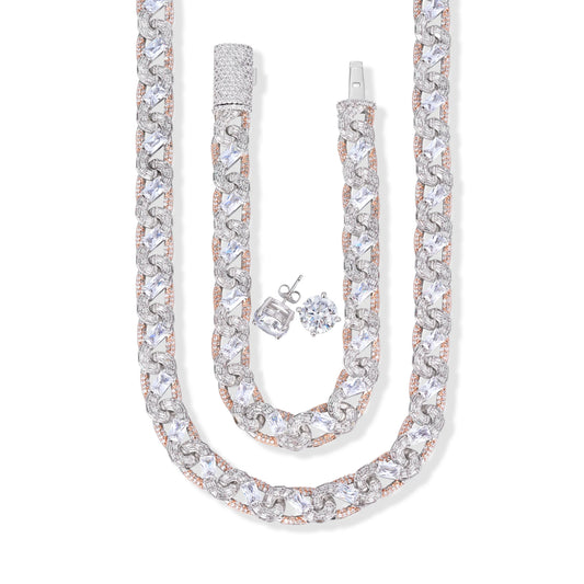 Ensemble de chaînes à maillons géométriques avec bracelet et puces d’oreilles – Or 14 carats