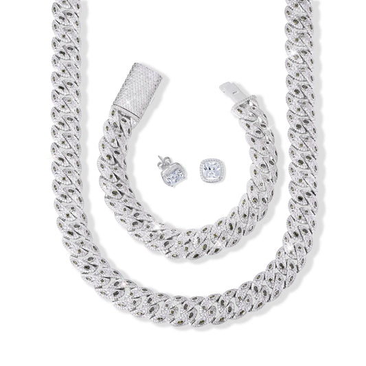 Ensemble chaîne cubaine et bracelet ornés de pierres précieuses et de clous – Or 14 carats