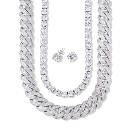 Ensemble chaîne cubaine et chaîne tennis avec puces d’oreilles – Or 14 carats