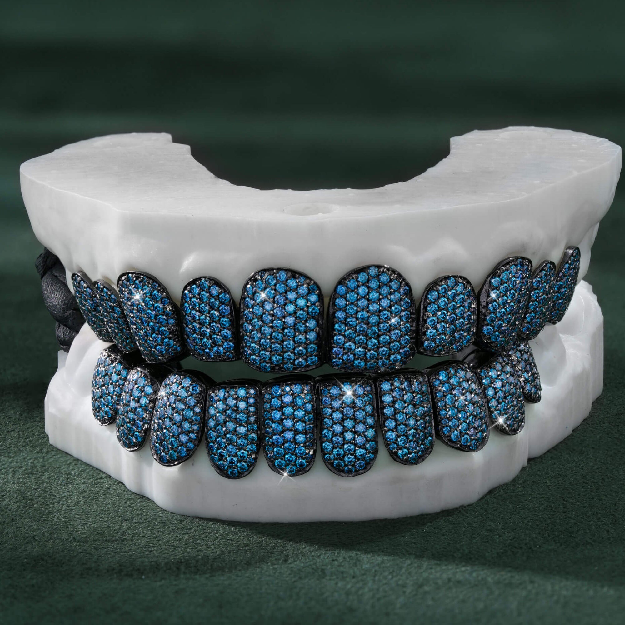 Black Plated Blue VVS Moissanite Deep Cut Iced Out Grillz by Sommarnox