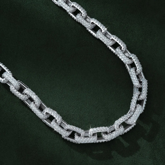 10mm iced out moissanite box chain in sterling silver