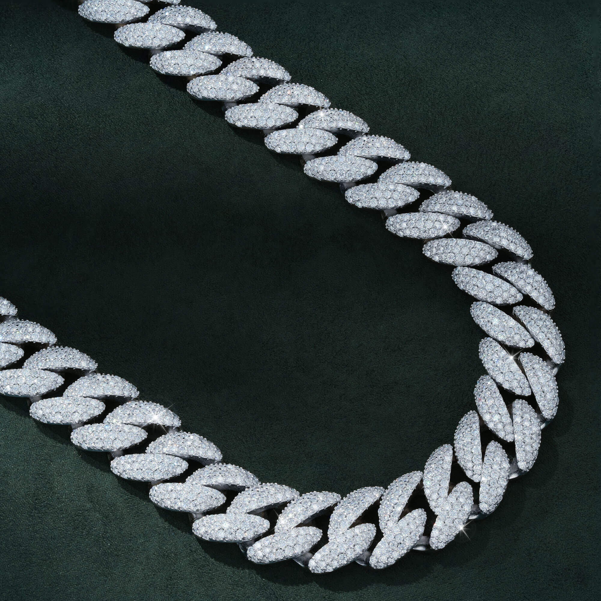 18MM 3 Row Moissanite Crescent Cuban Link Chain - 14K White Gold