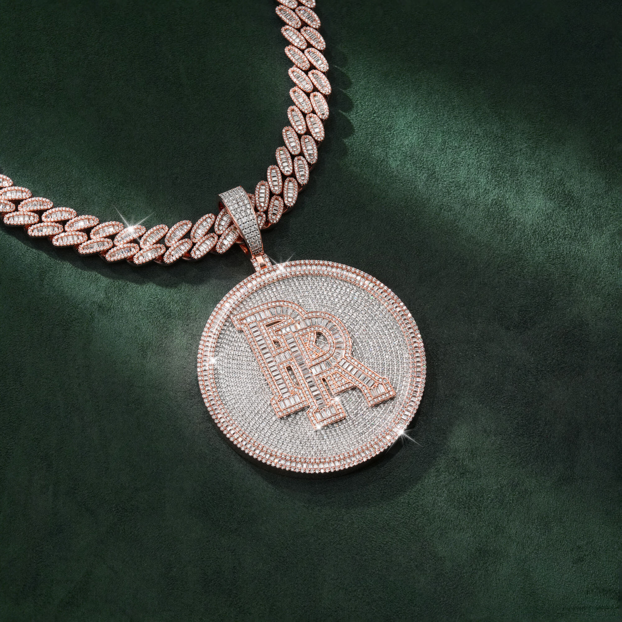 Custom Double Initial Pendant – Iced Out VVS Moissanite Round Disc Pendant – alternate product view 6
