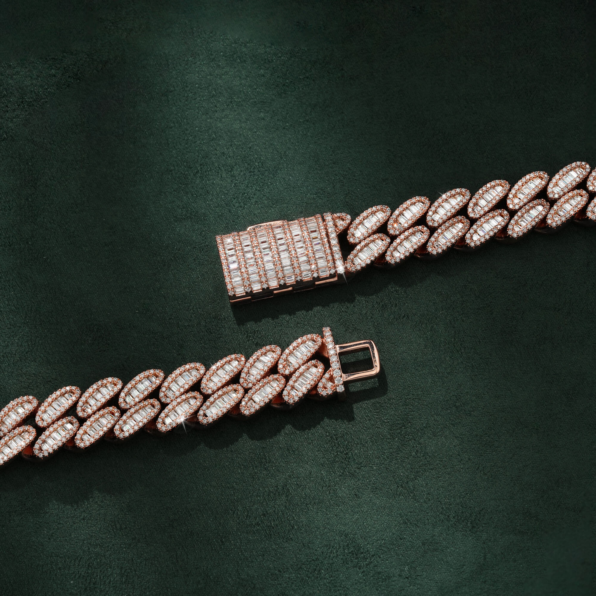 15MM 3 Row Baguette Moissanite Cuban Link Chain Iced Out Heavy Full Pavé Rose Gold Necklace