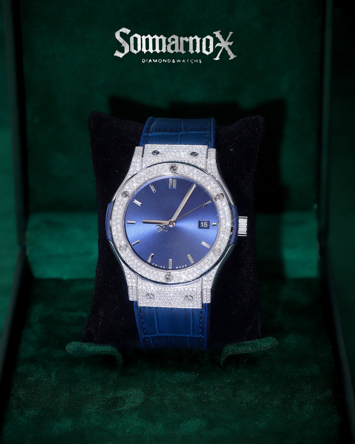 Blue Dial Moissanite Watch – Elegant Leather Strap Luxury Timepiece – alternate product view 2