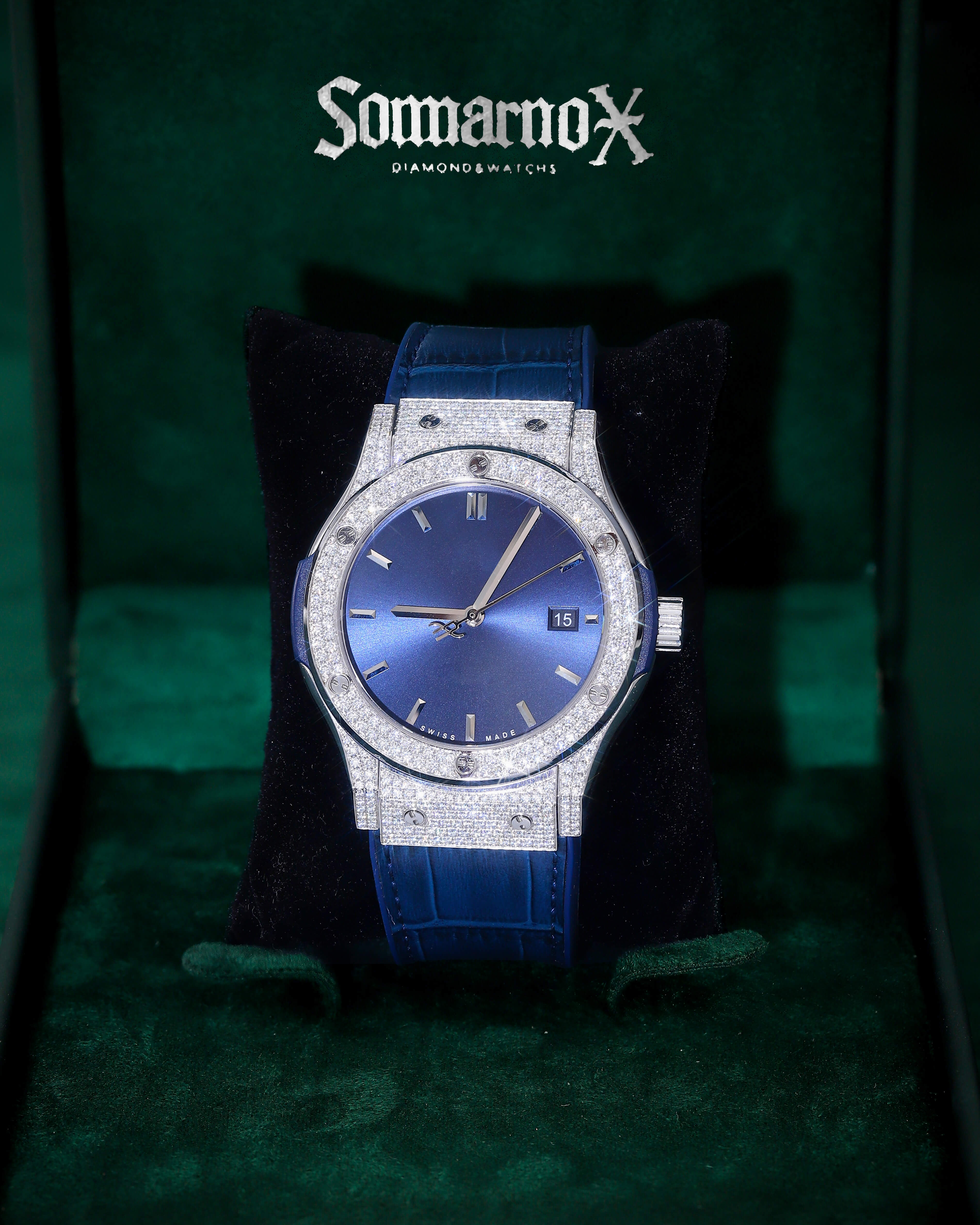 Blue Dial Moissanite Watch – Elegant Leather Strap Luxury Timepiece