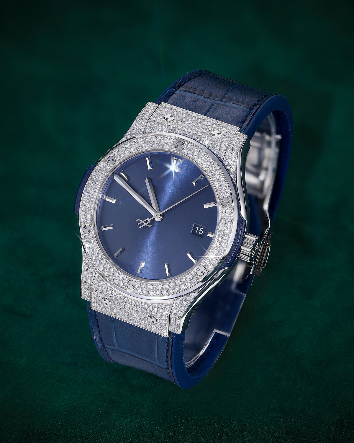 Blue Dial Moissanite Watch – Elegant Leather Strap Luxury Timepiece – alternate product view 3