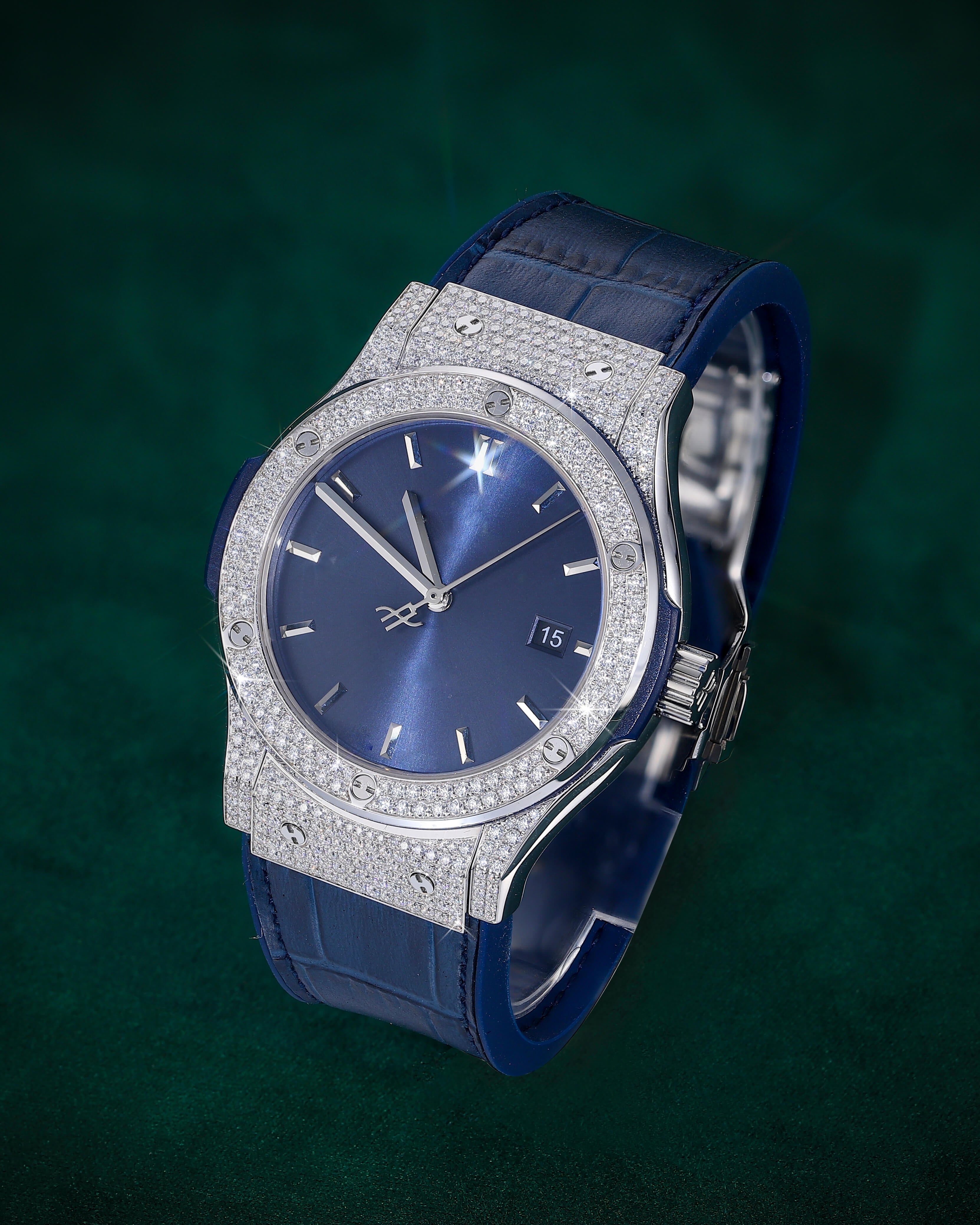 Blue Dial Moissanite Watch – Elegant Leather Strap Luxury Timepiece