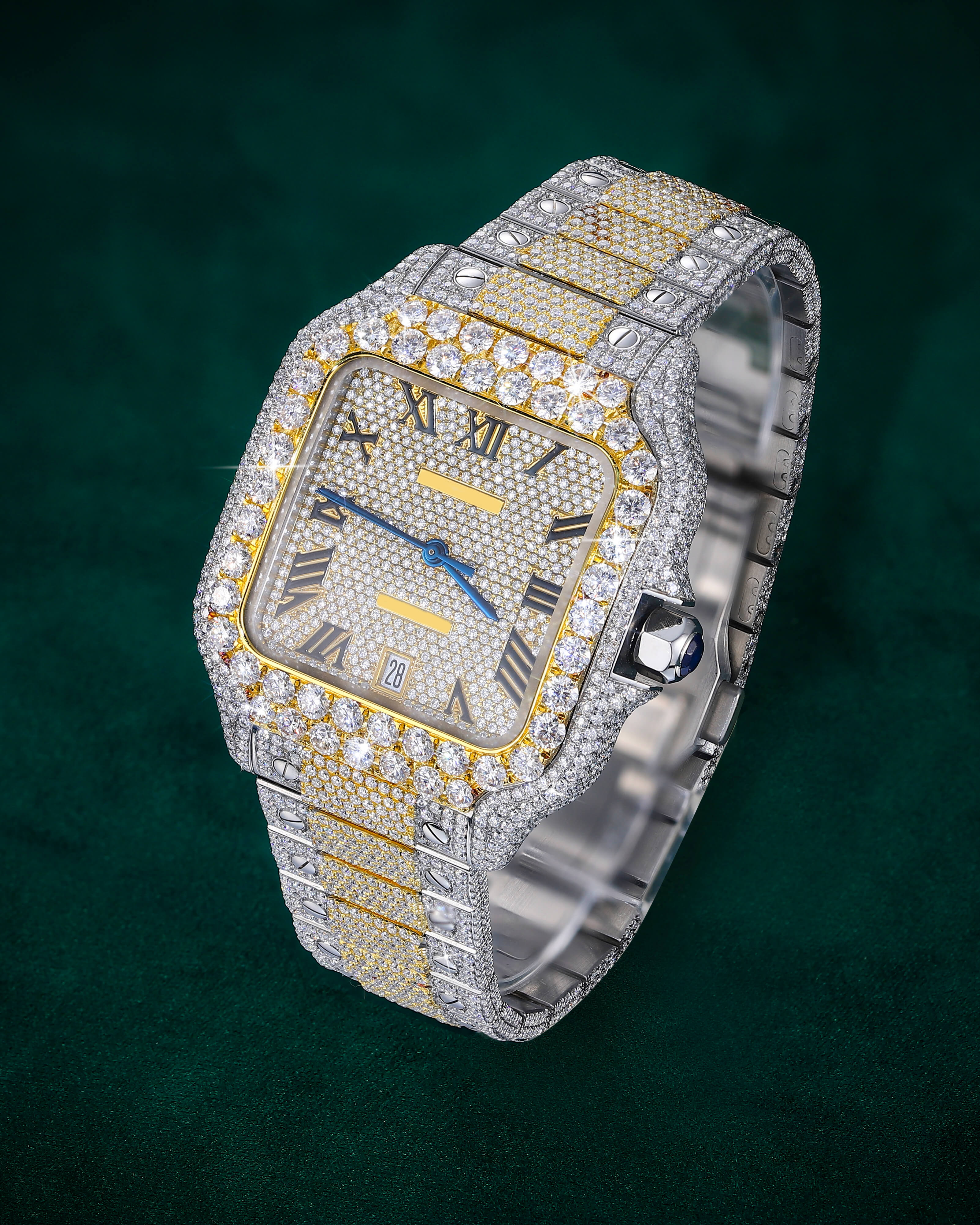 Two-Tone Iced Out Moissanite Watch – Roman Dial Luxury Pavé Design