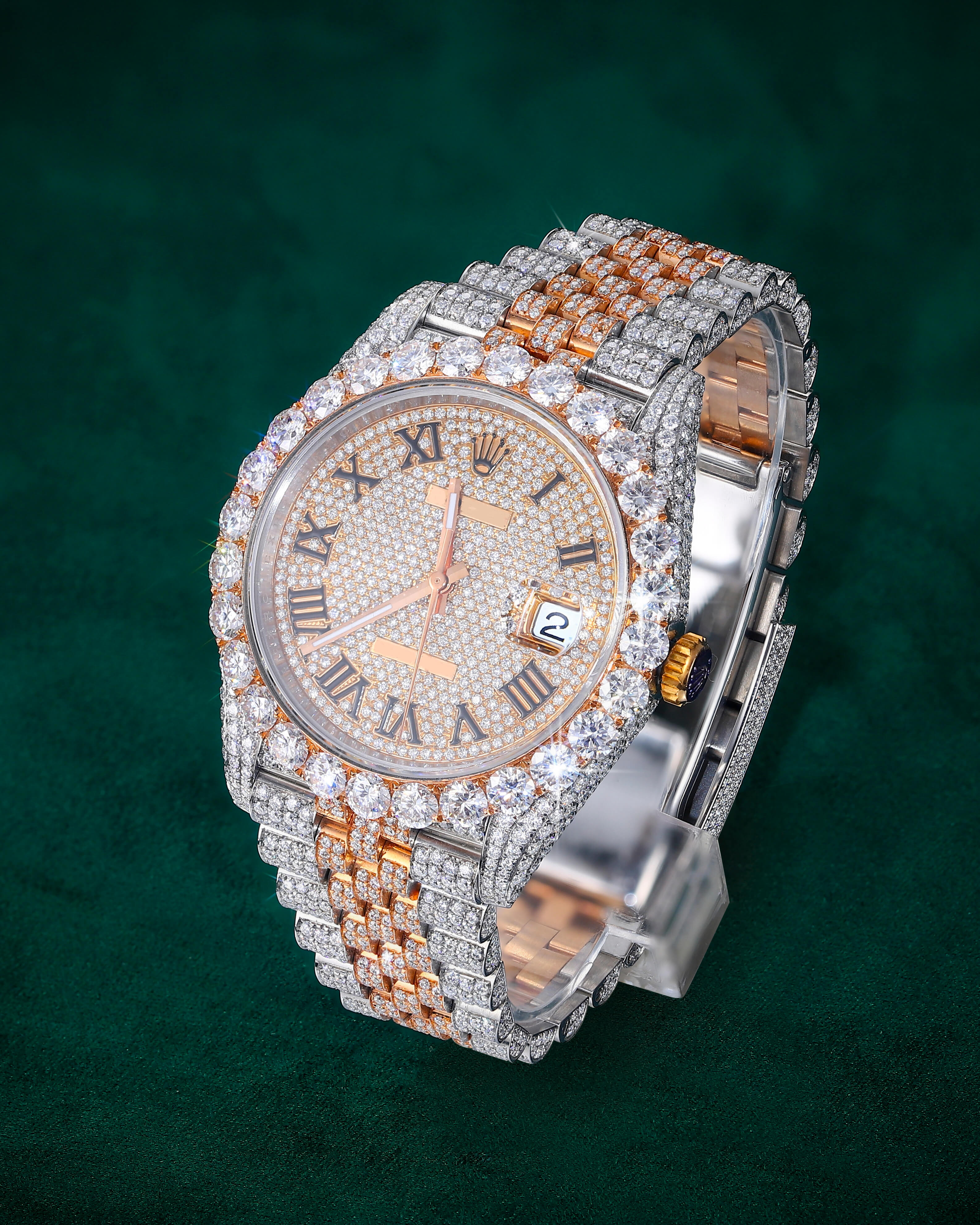 Two-Tone Rose Gold Moissanite Watch – Roman Dial Iced Out Luxur