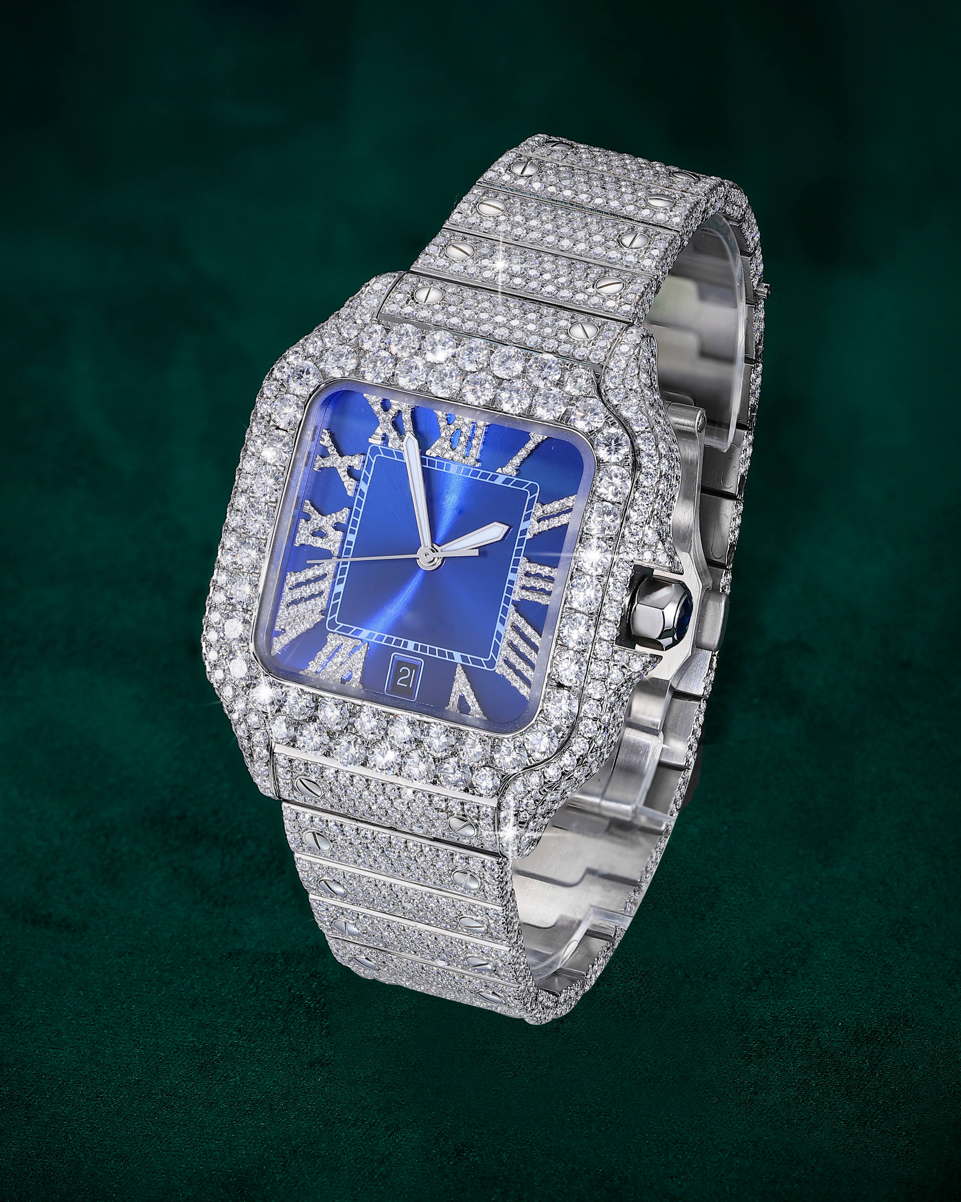Iced Out Moissanite Watch – Blue Dial Luxury Statement Piece