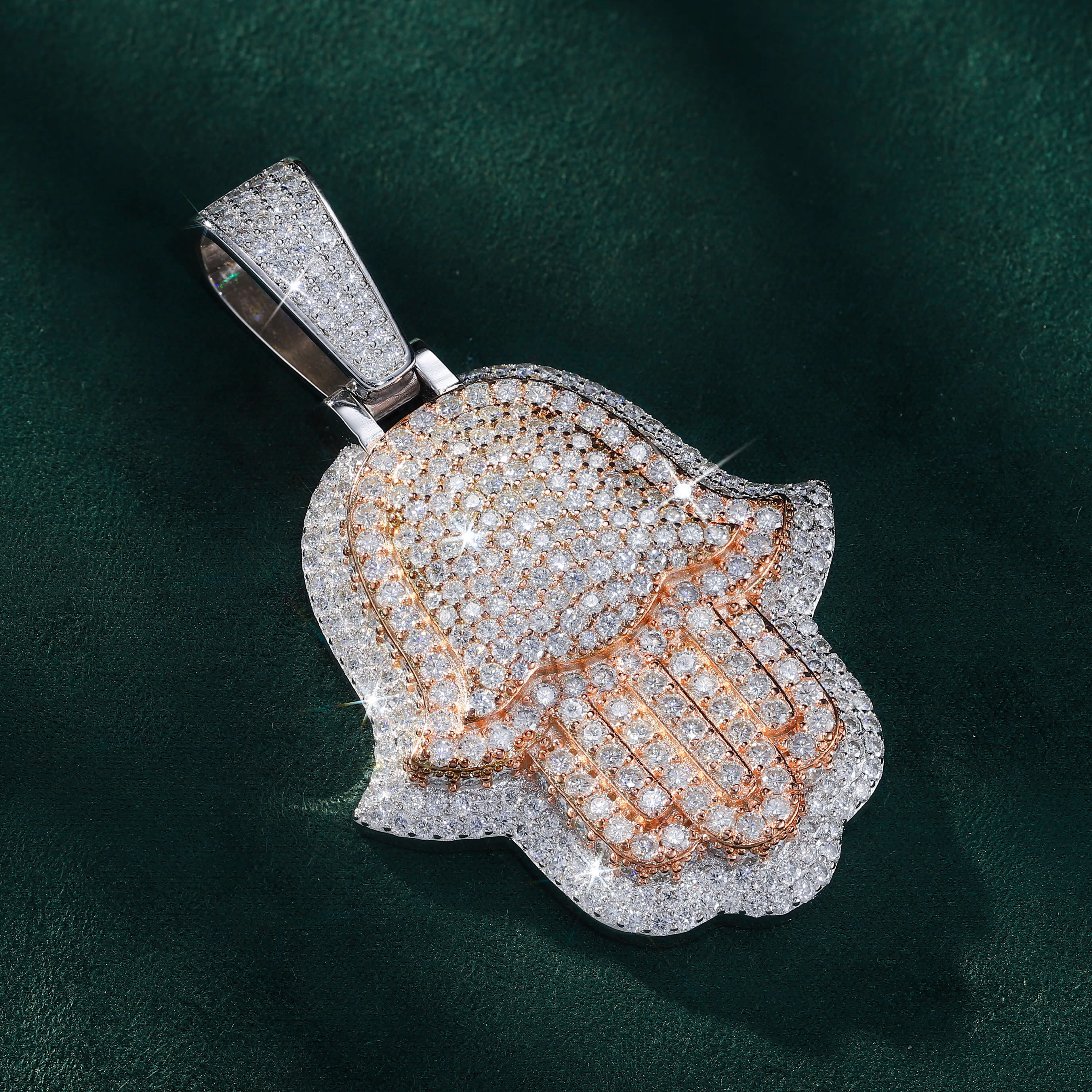 Two-Tone Moissanite Hamsa Hand Pendant – Rose & White Gold Iced-Out Design