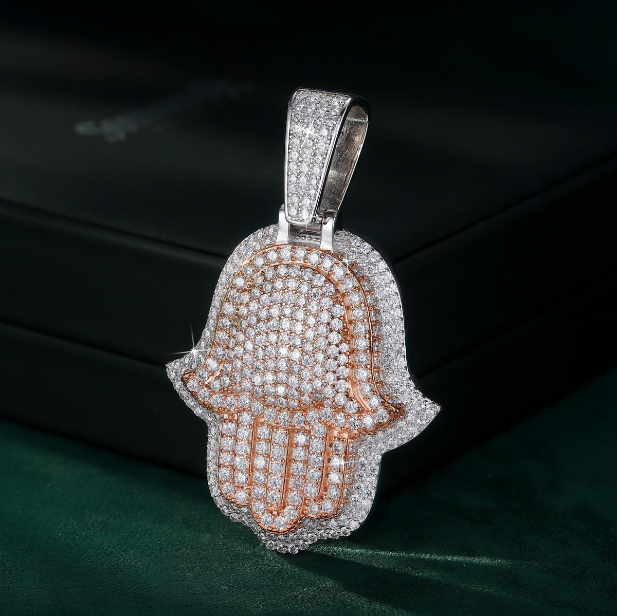 Moissanite Hamsa Hand Pendant – Rose-Tone & White-Tone Finish Iced-Out Design – alternate product view 2