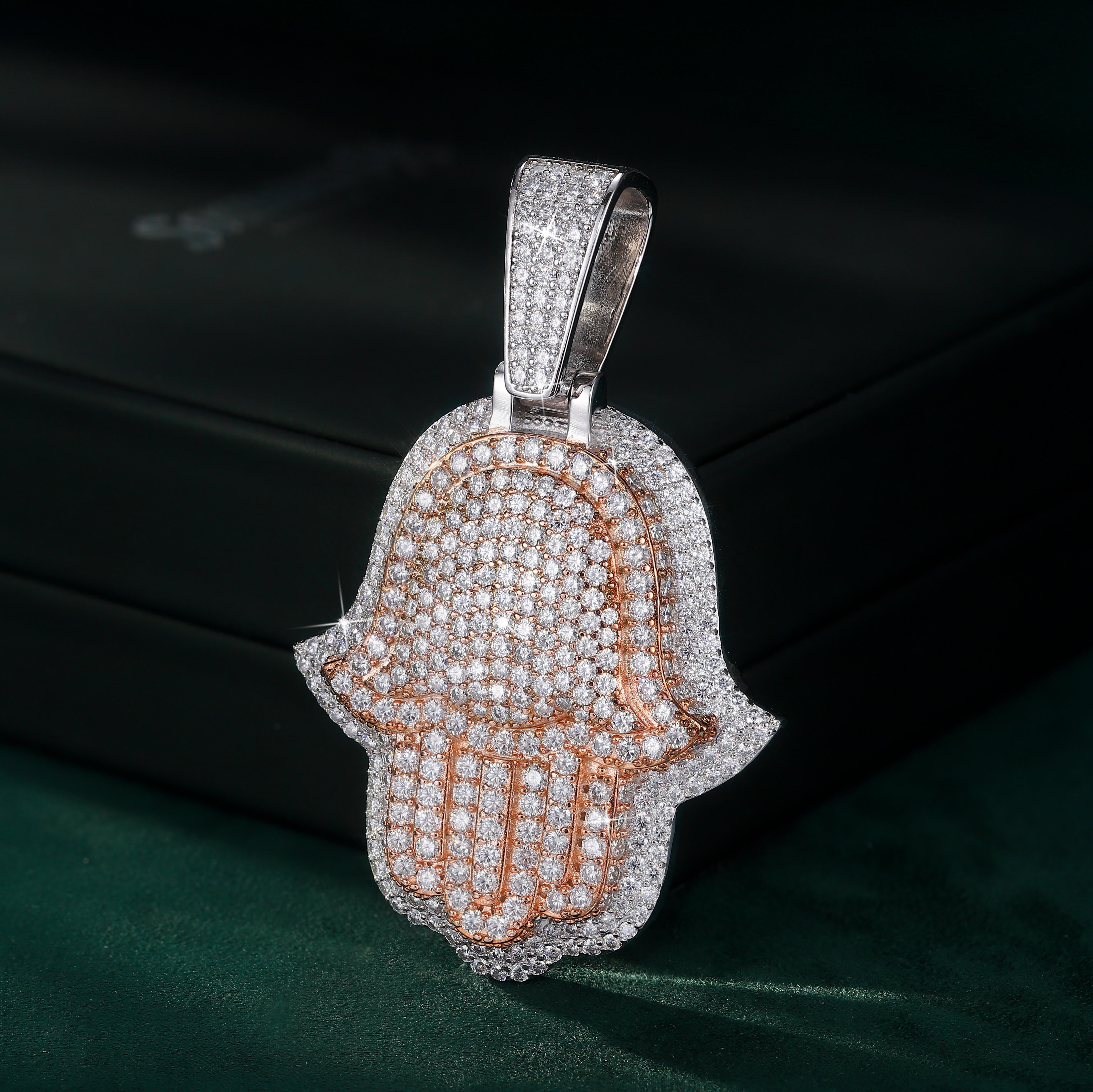 Two-Tone Moissanite Hamsa Hand Pendant – Rose & White Gold Iced-Out Design