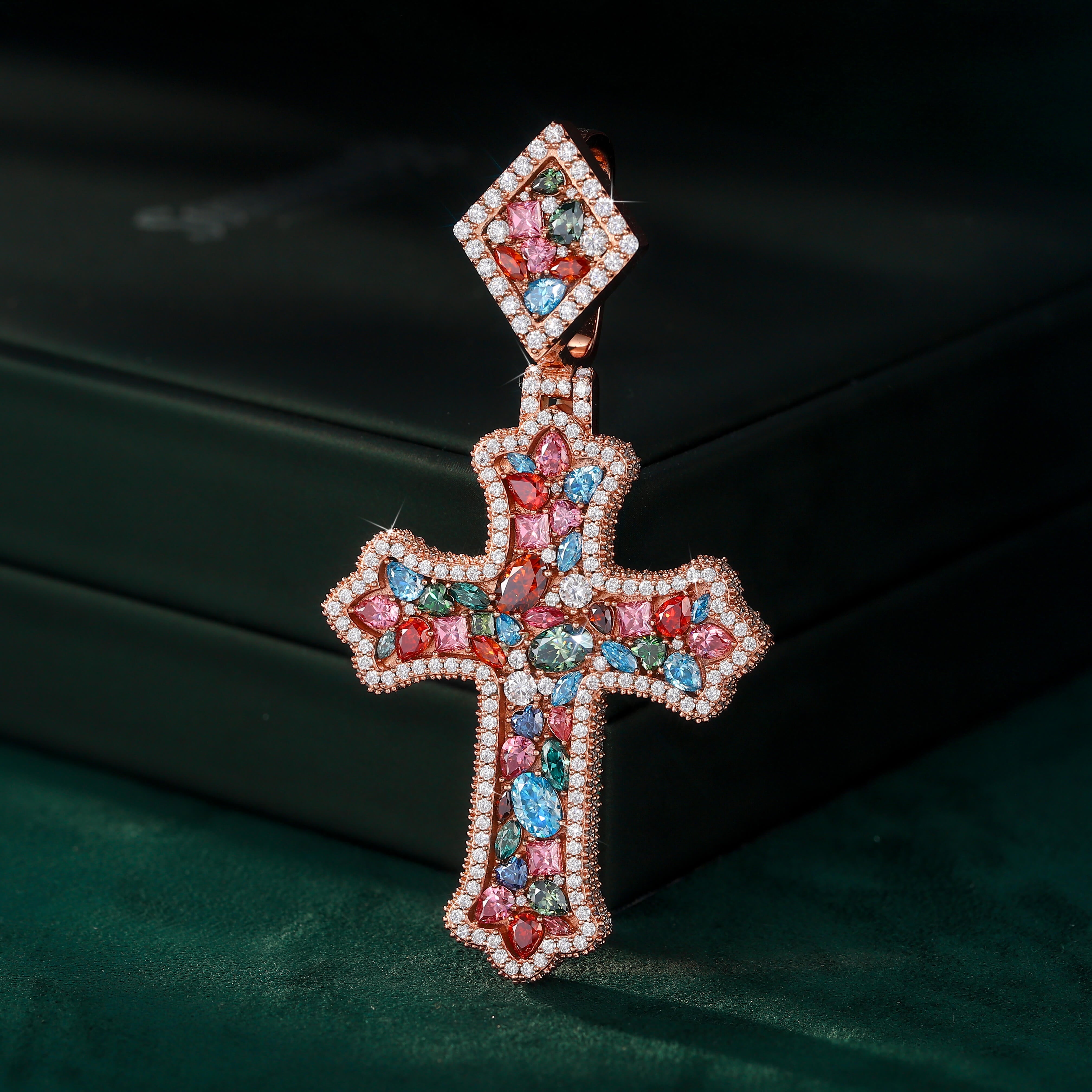Moissanite Fancy Color Lace Edge Cross Pendant