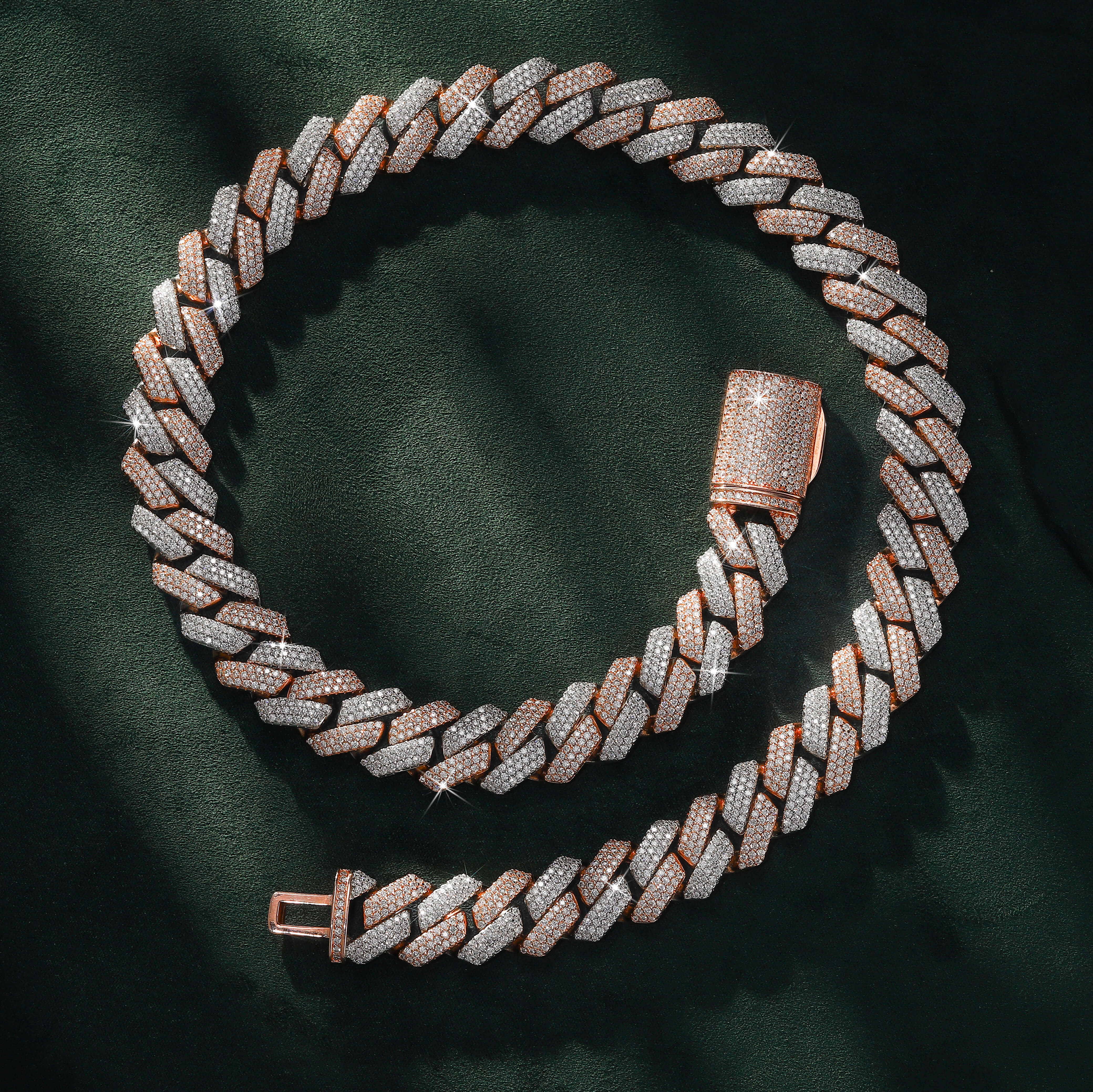 15mm Rose-Tone & White-Tone Finish Three-Row Moissanite Cuban Chain – alternate product view 3