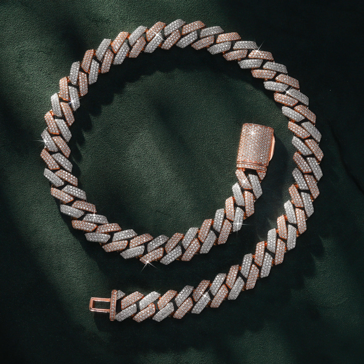 15mm Rose-Tone & White-Tone Finish Three-Row Moissanite Cuban Chain – alternate product view 3