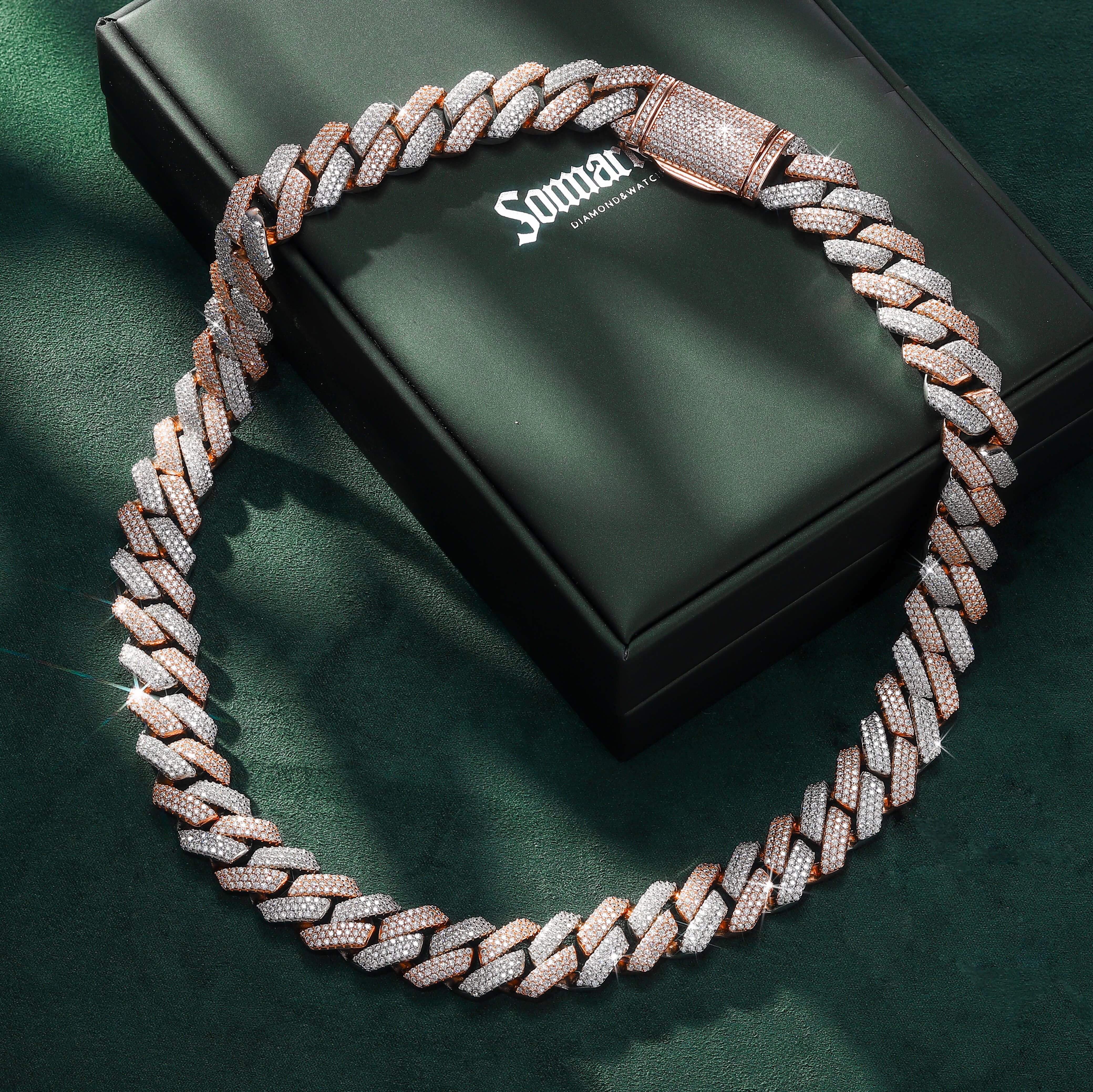 15mm Rose-Tone & White-Tone Finish Three-Row Moissanite Cuban Chain – alternate product view 2