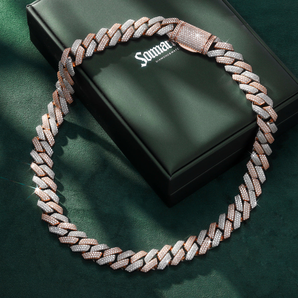 15mm Rose-Tone & White-Tone Finish Three-Row Moissanite Cuban Chain – alternate product view 2