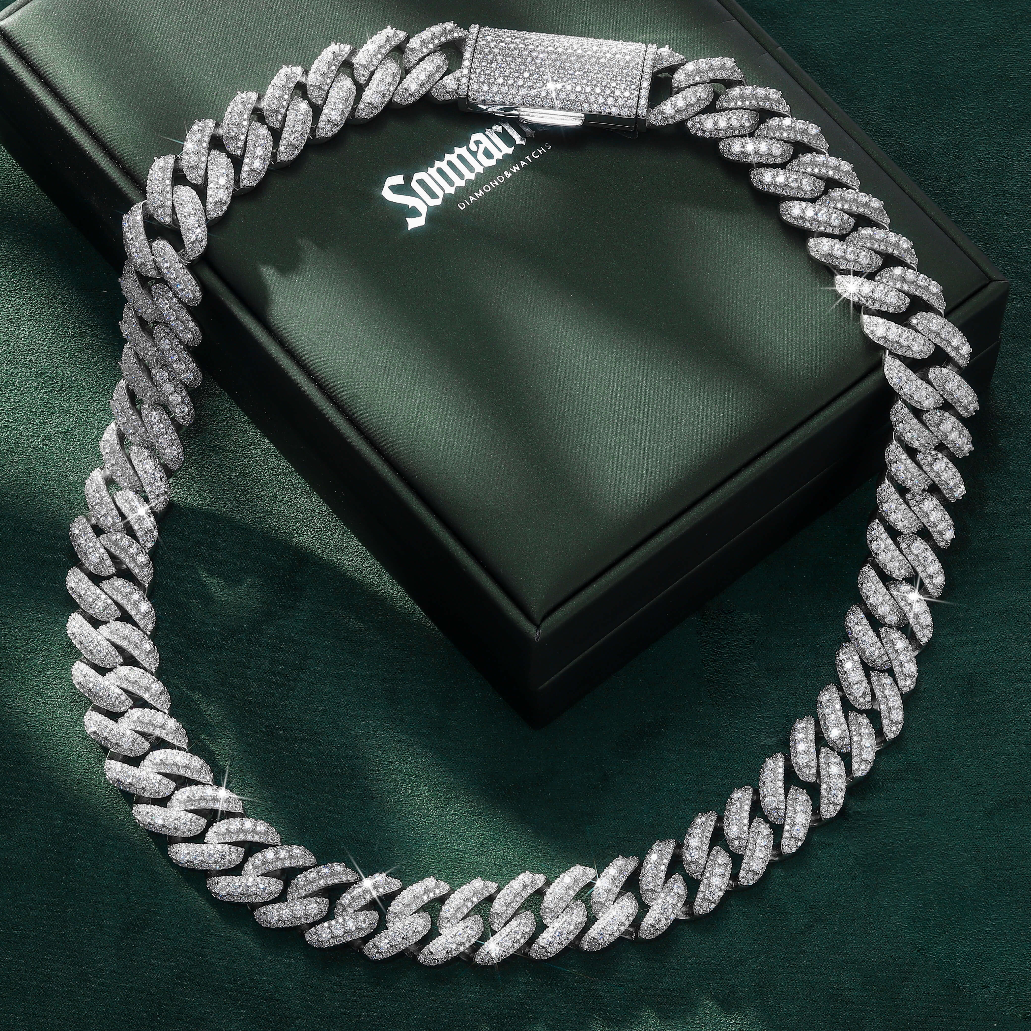 13mm Moissanite Cuban Link Chain – Three Row Mixed Stones