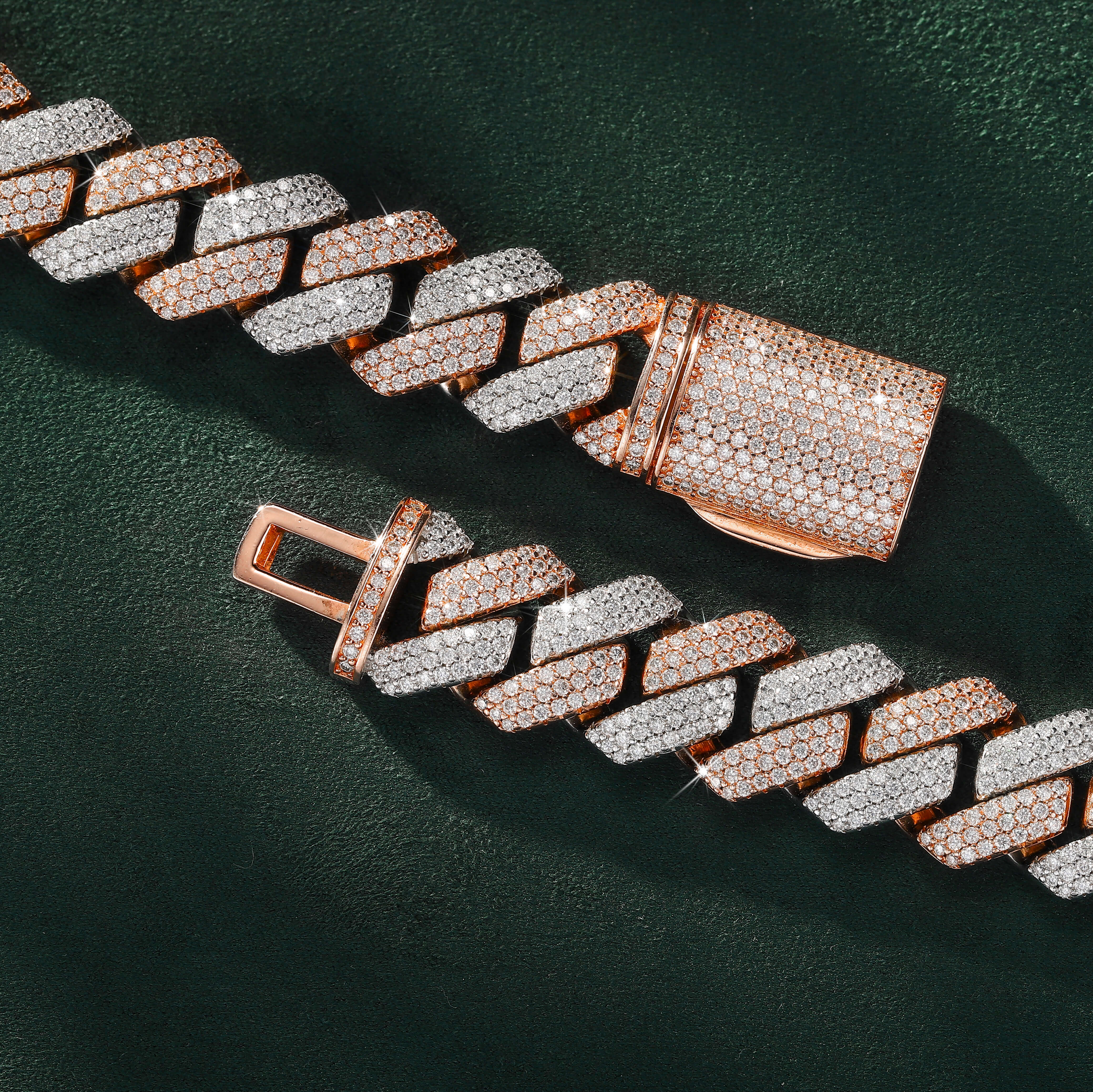 15mm Rose-Tone & White-Tone Finish Three-Row Moissanite Cuban Chain – alternate product view 4