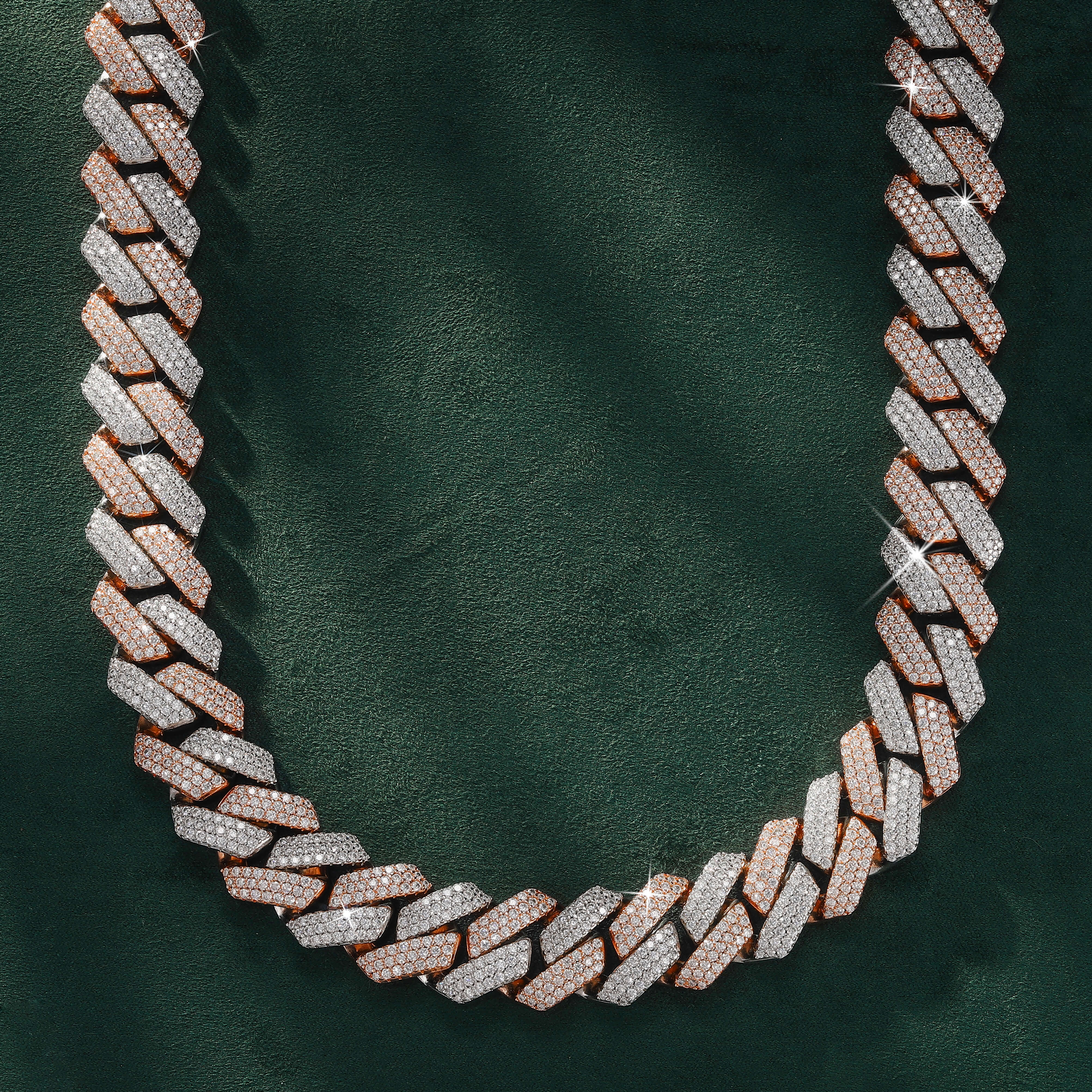 15mm Rose-Tone & White-Tone Finish Three-Row Moissanite Cuban Chain by Sommarnox