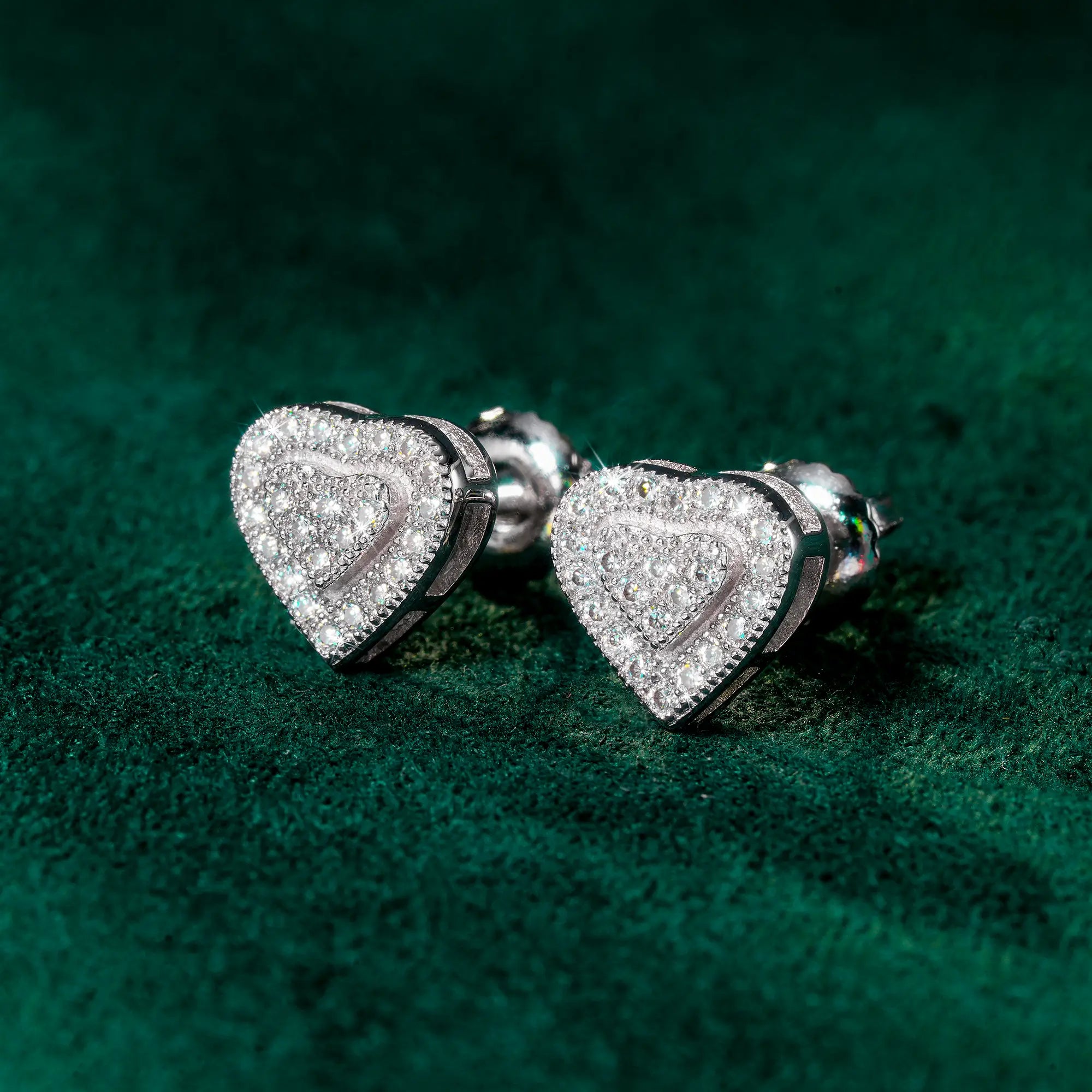 8MM Heart Moissanite Stud Earrings VVS Double Heart Pavé Iced Out Screw Back
