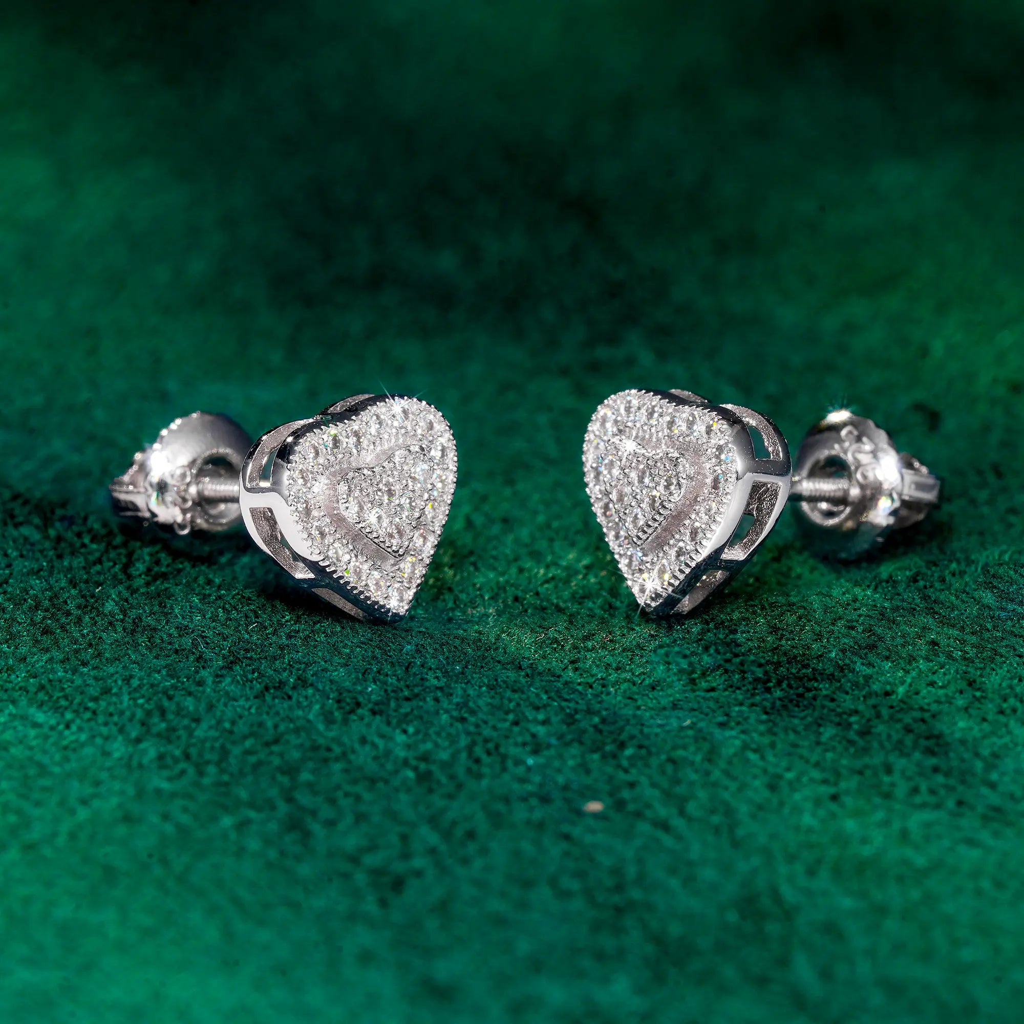 8MM Heart Moissanite Stud Earrings VVS Double Heart Pavé Iced Out Screw Back