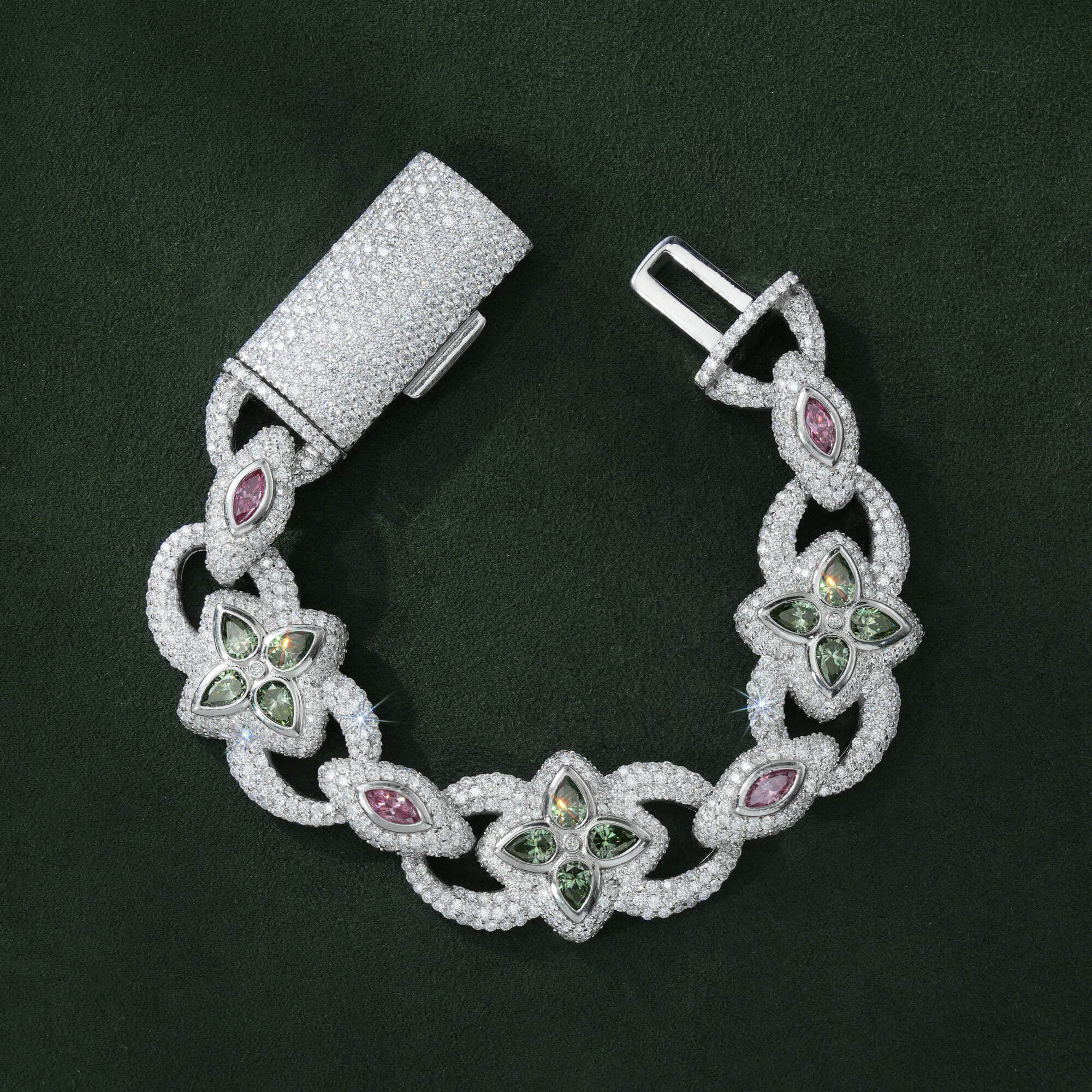 20MM Iced Out Blue-Green Moissanite Clover & Marquise Cut Cuban Bracelet by Sommarnox