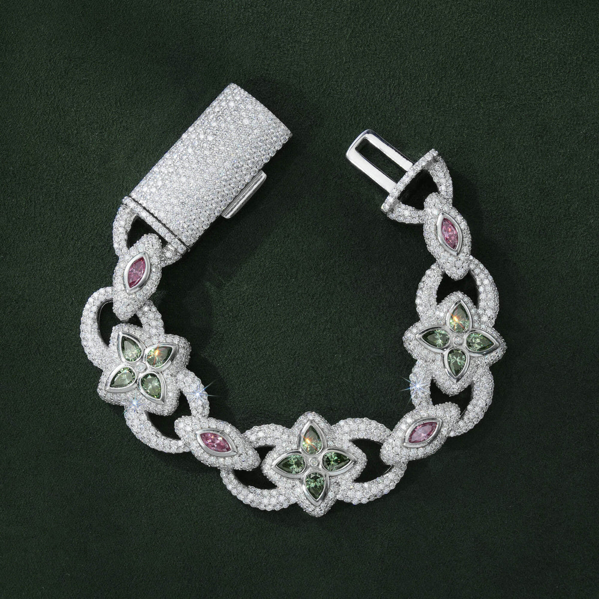 20MM Iced Out Blue-Green Moissanite Clover & Marquise Cut Cuban Bracelet by Sommarnox