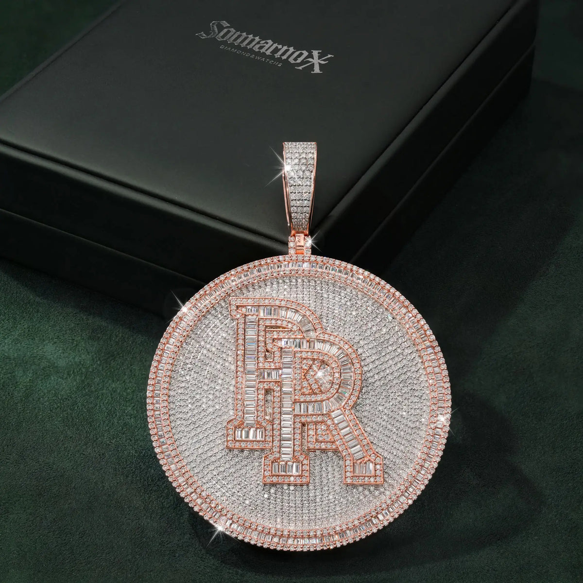 Custom Double Initial Pendant – Iced Out VVS Moissanite Round Disc Pendant – alternate product view 5