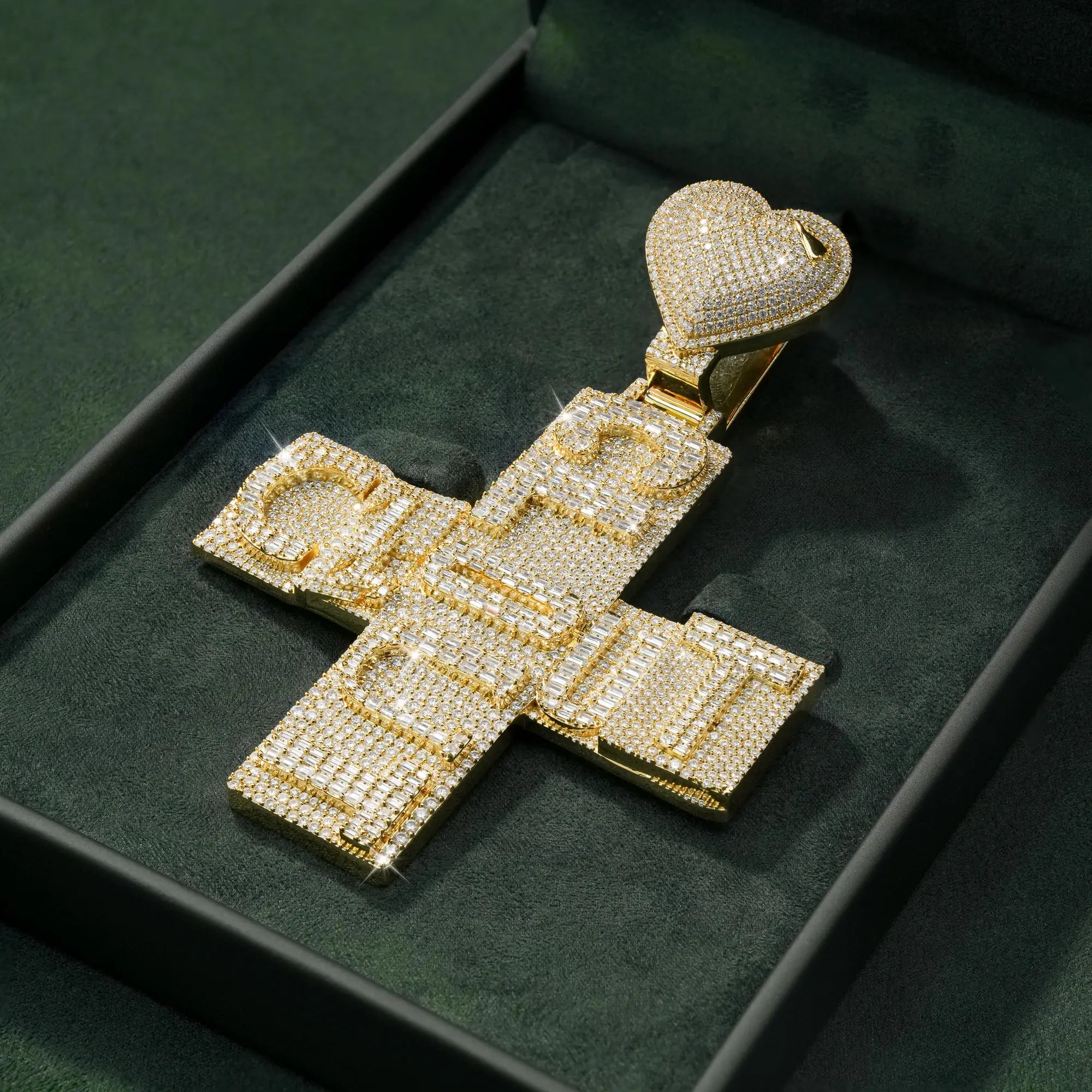 Custom Letter Cross Pendant Fully Iced Moissanite with Heart Bail – alternate product view 3
