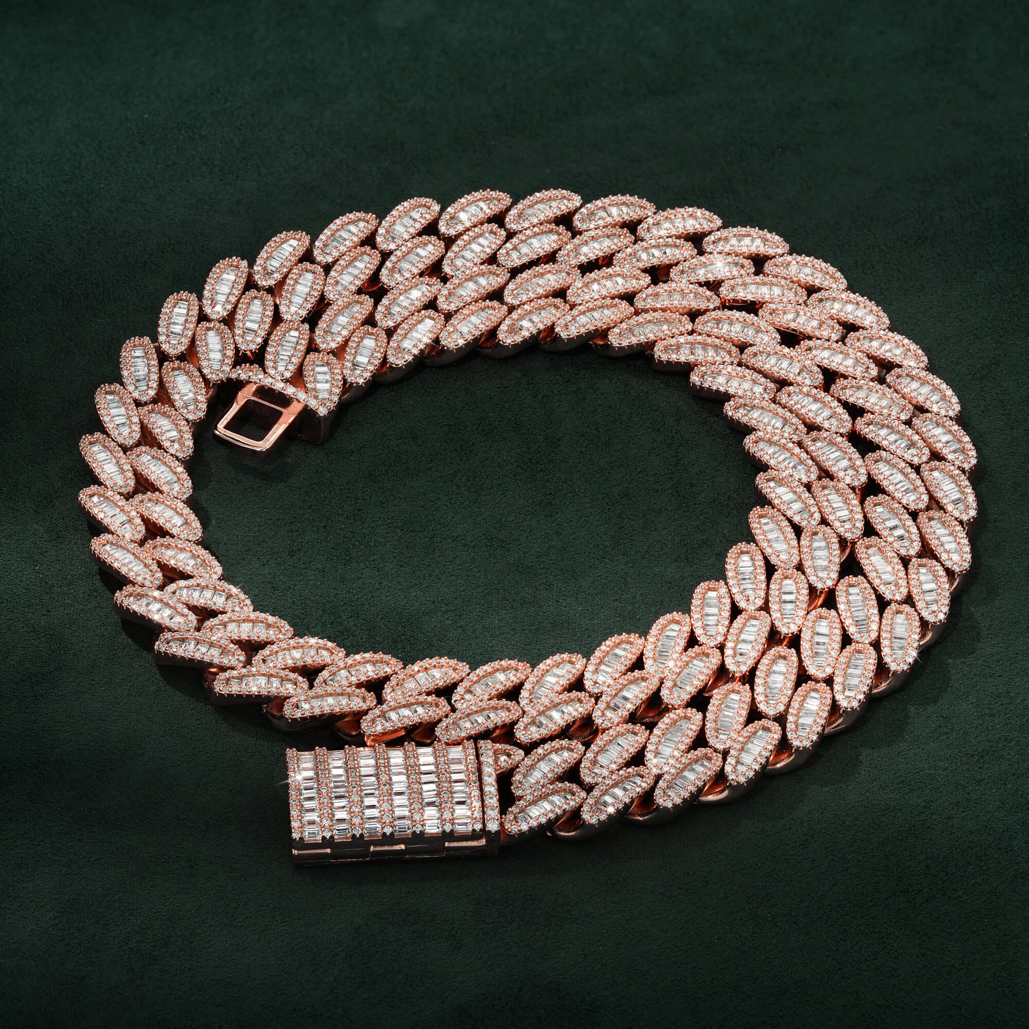 15MM 3 Row Baguette Moissanite Cuban Link Chain Iced Out Heavy Full Pavé Rose Gold Necklace