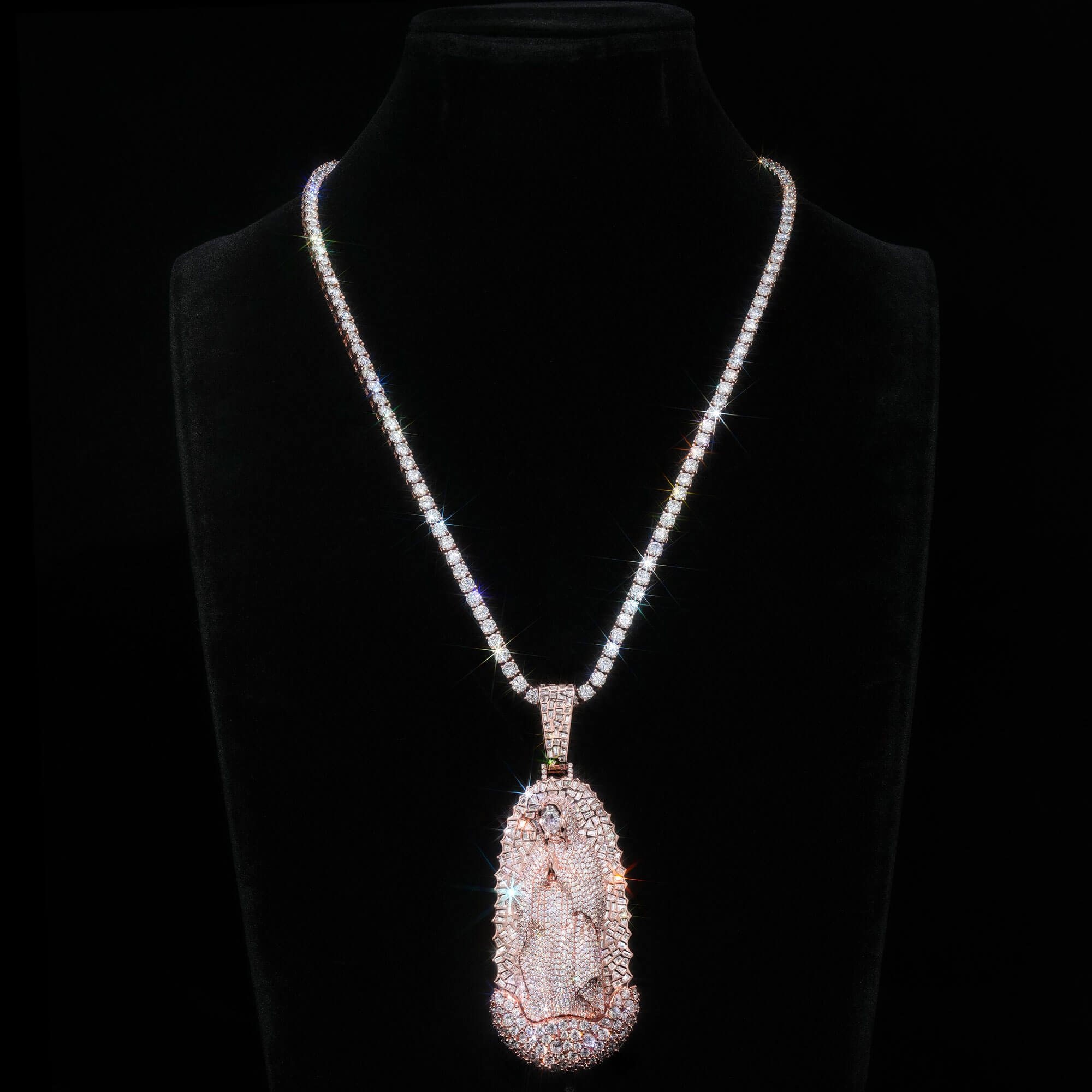 Custom 14K Rose Gold Iced Out Our Lady of Guadalupe Pendant