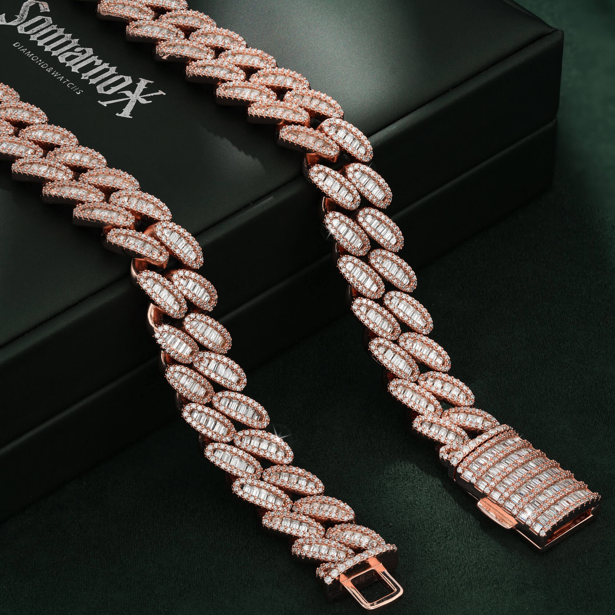 15MM 3 Row Baguette Moissanite Cuban Link Chain Iced Out Heavy Full Pavé Rose Gold Necklace