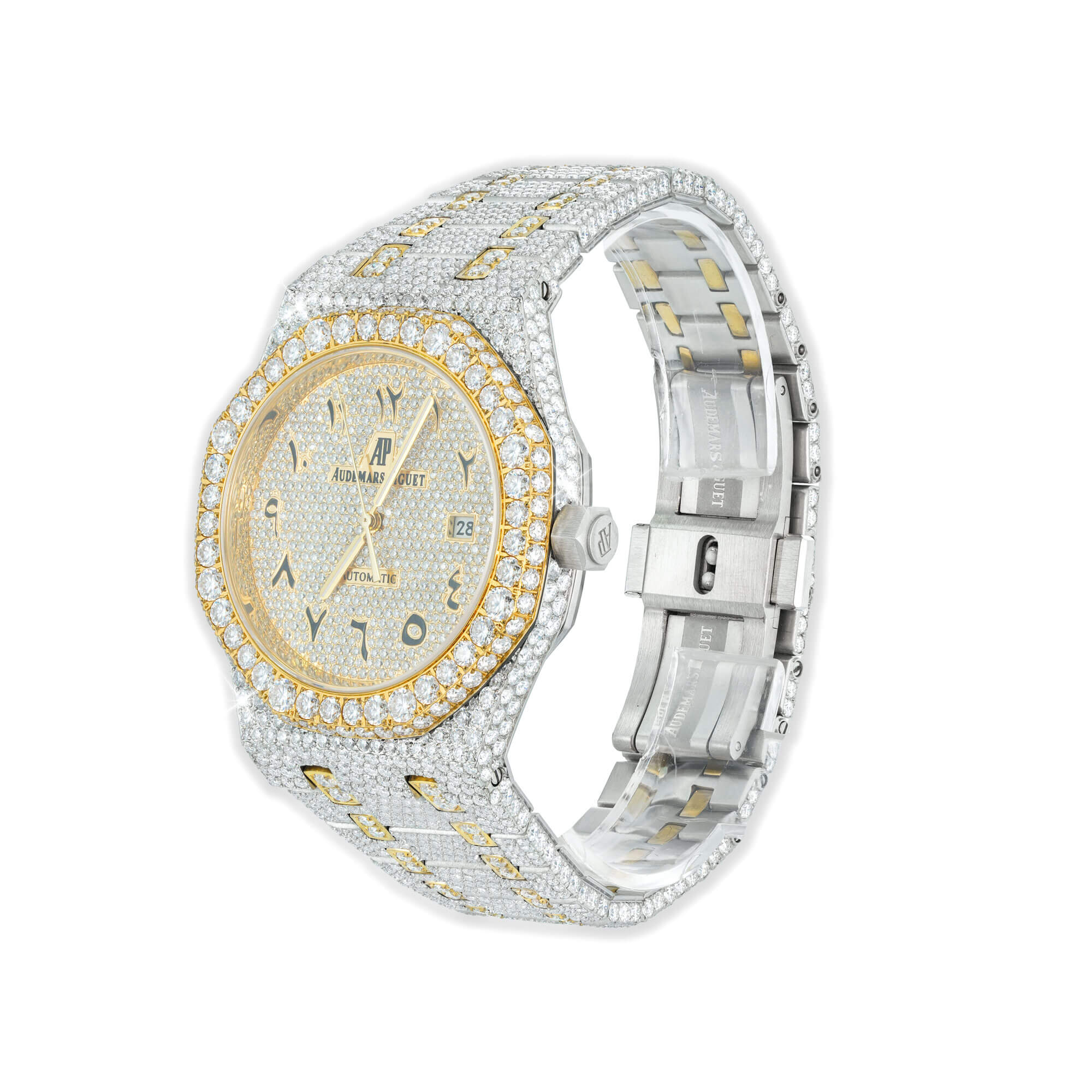 Full Pavé VVS Moissanite Watch | 41MM | White-Tone & Yellow-Tone Finish – alternate product view 4