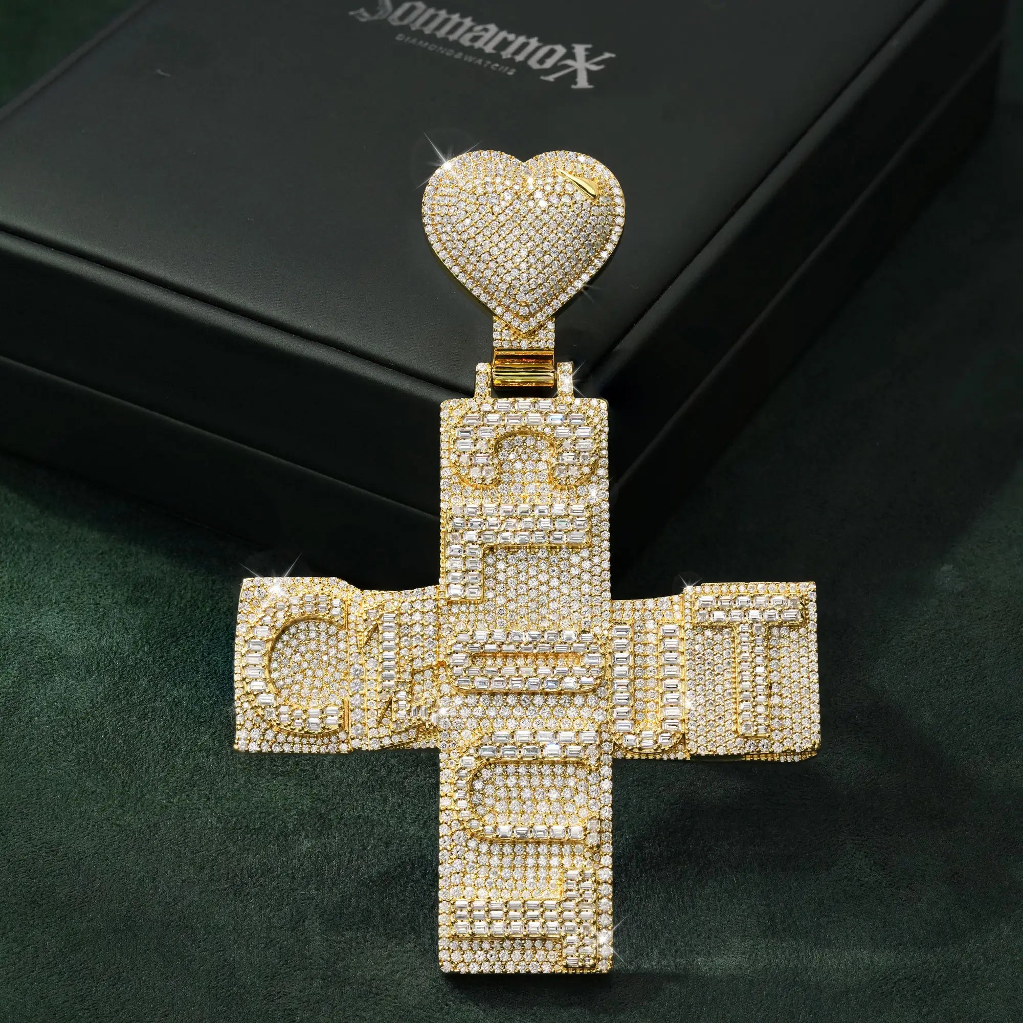 Custom Letter Cross Pendant Fully Iced Moissanite with Heart Bail – alternate product view 2