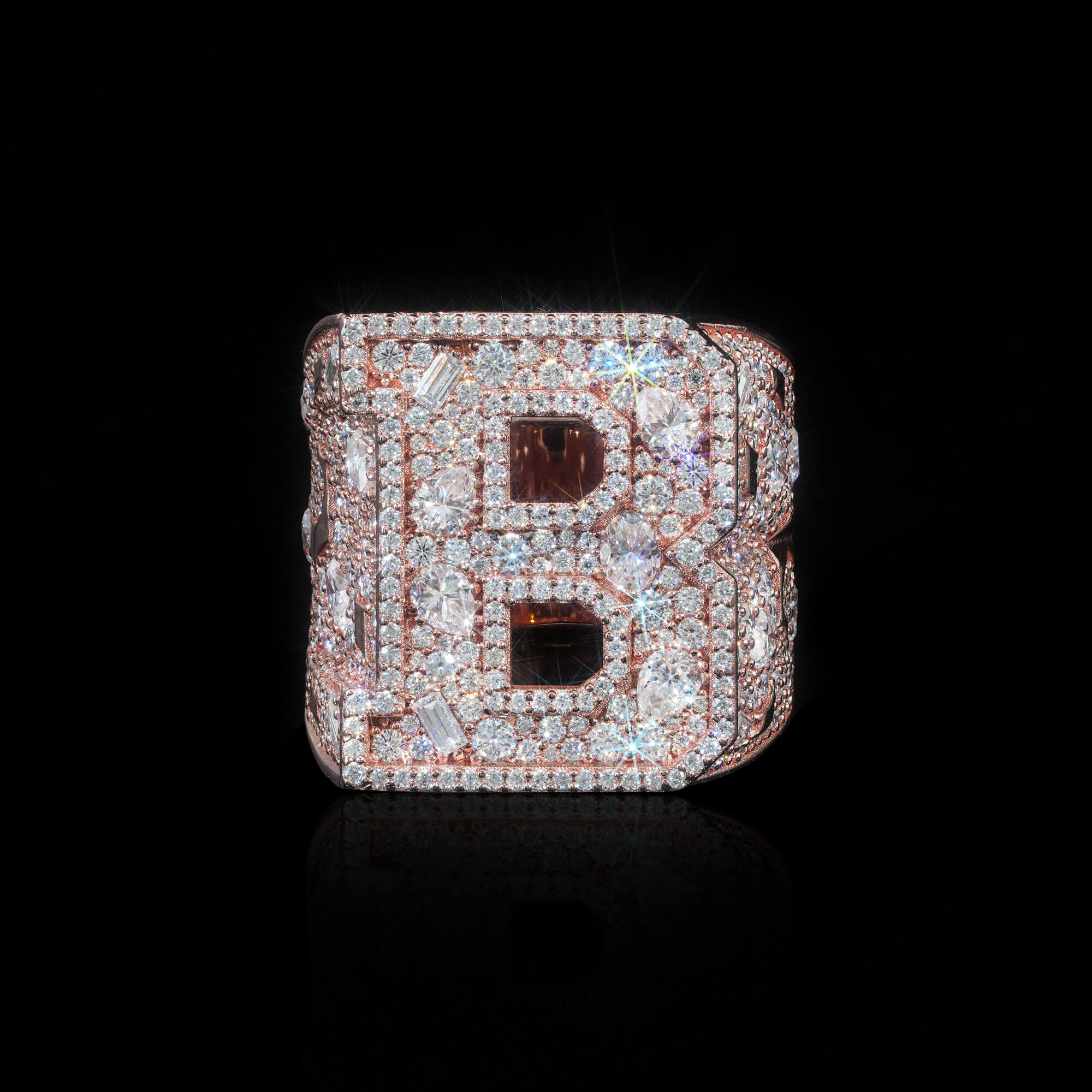 Custom Iced Out Letter Ring – Rose Gold Moissanite Statement Ring