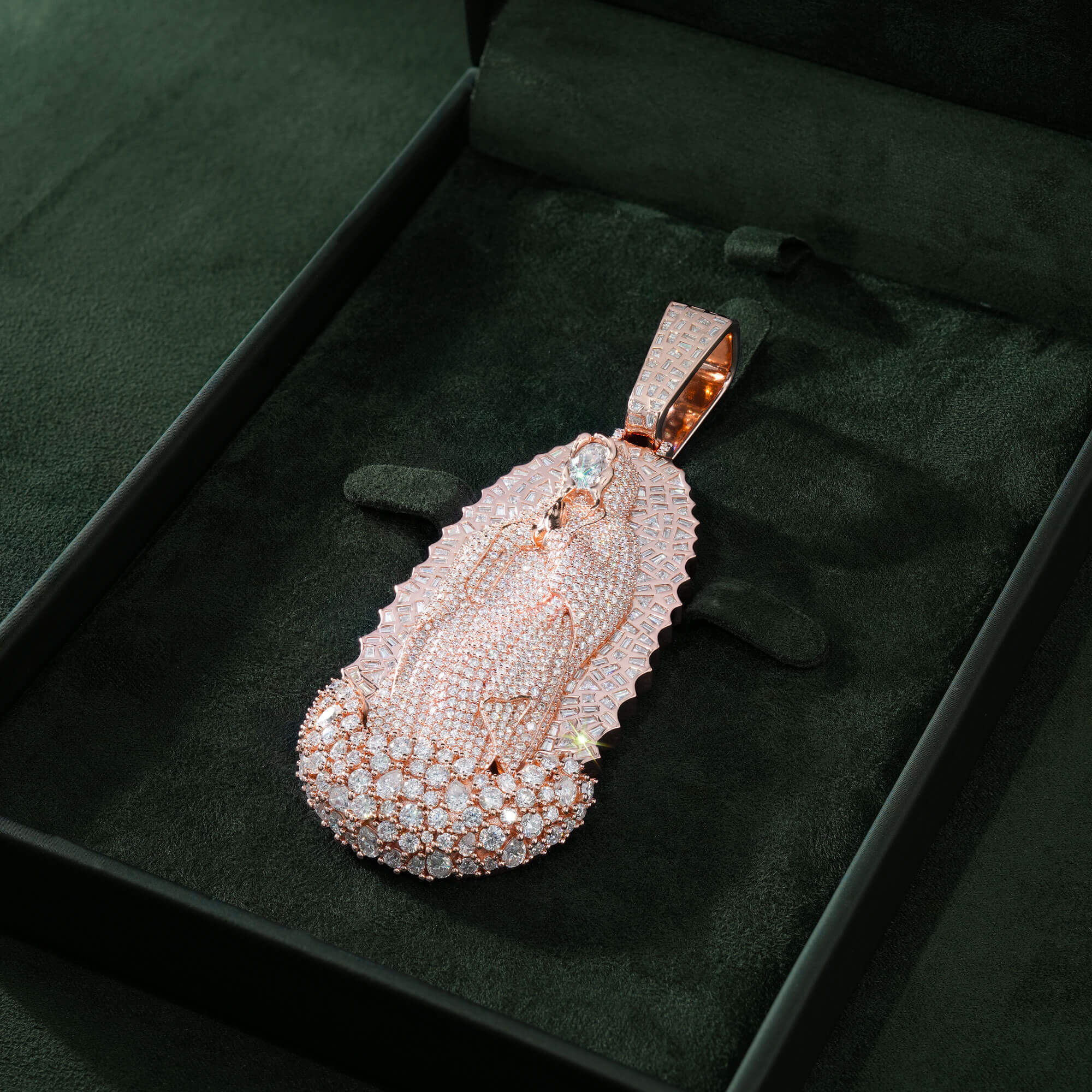 Custom 14K Rose Gold Iced Out Our Lady of Guadalupe Pendant