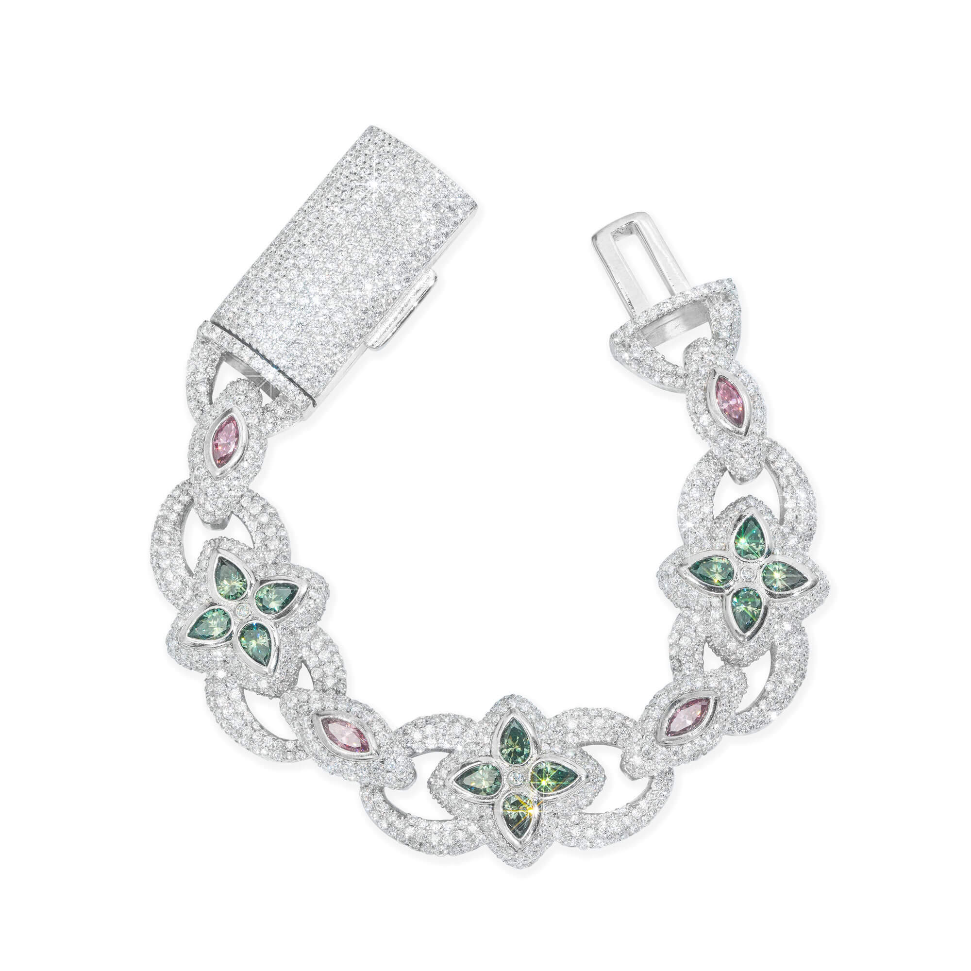20MM Iced Out Blue-Green Moissanite Clover & Marquise Cut Cuban Bracelet – alternate product view 5