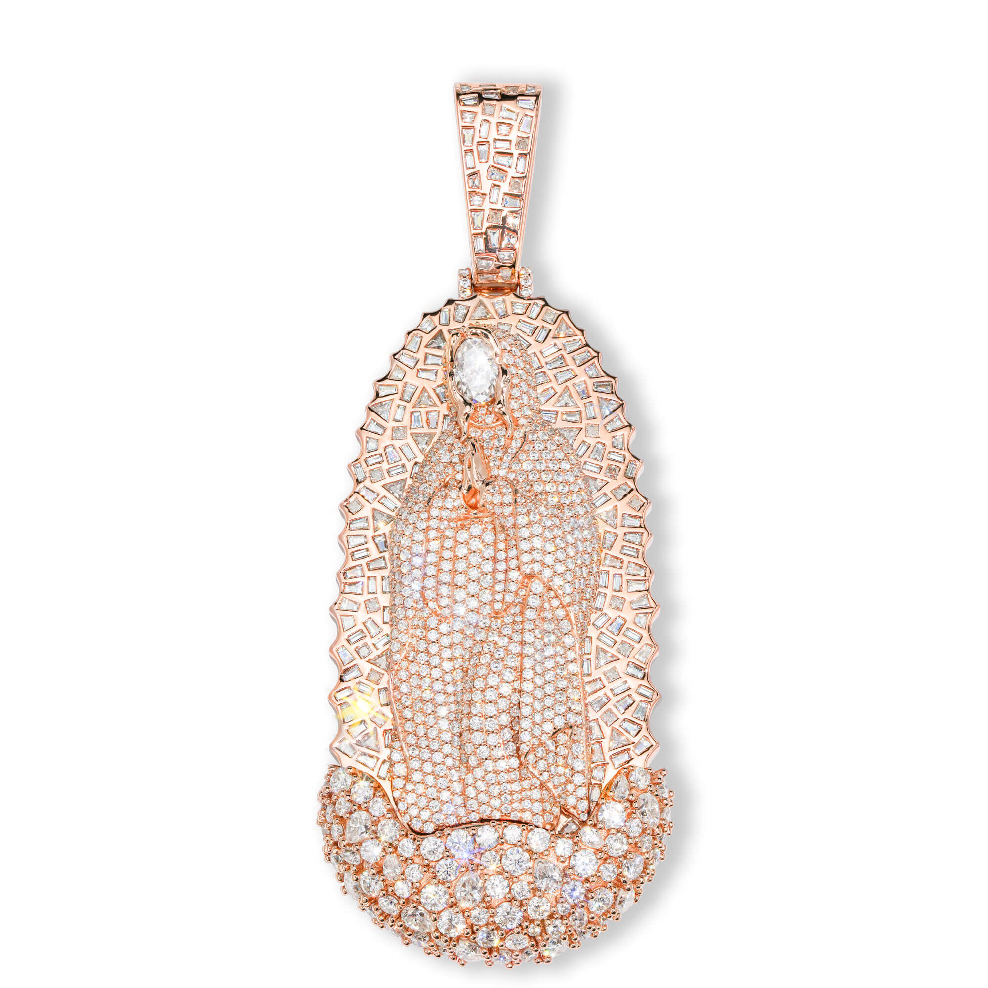 Custom 14K Rose Gold Iced Out Our Lady of Guadalupe Pendant