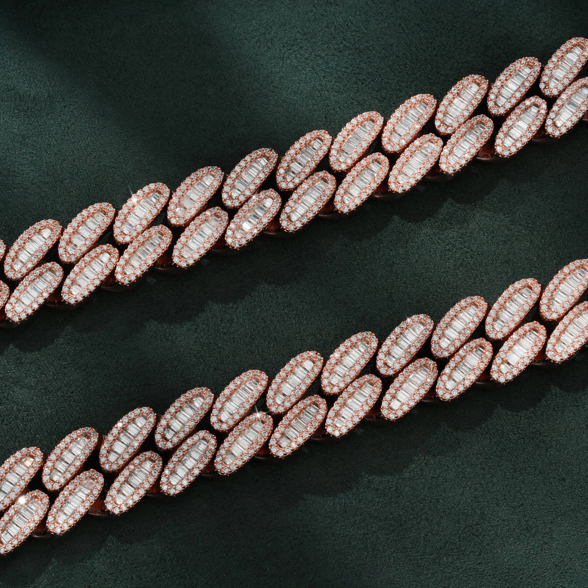 15MM 3 Row Baguette Moissanite Cuban Link Chain Iced Out Heavy Full Pavé Rose Gold Necklace