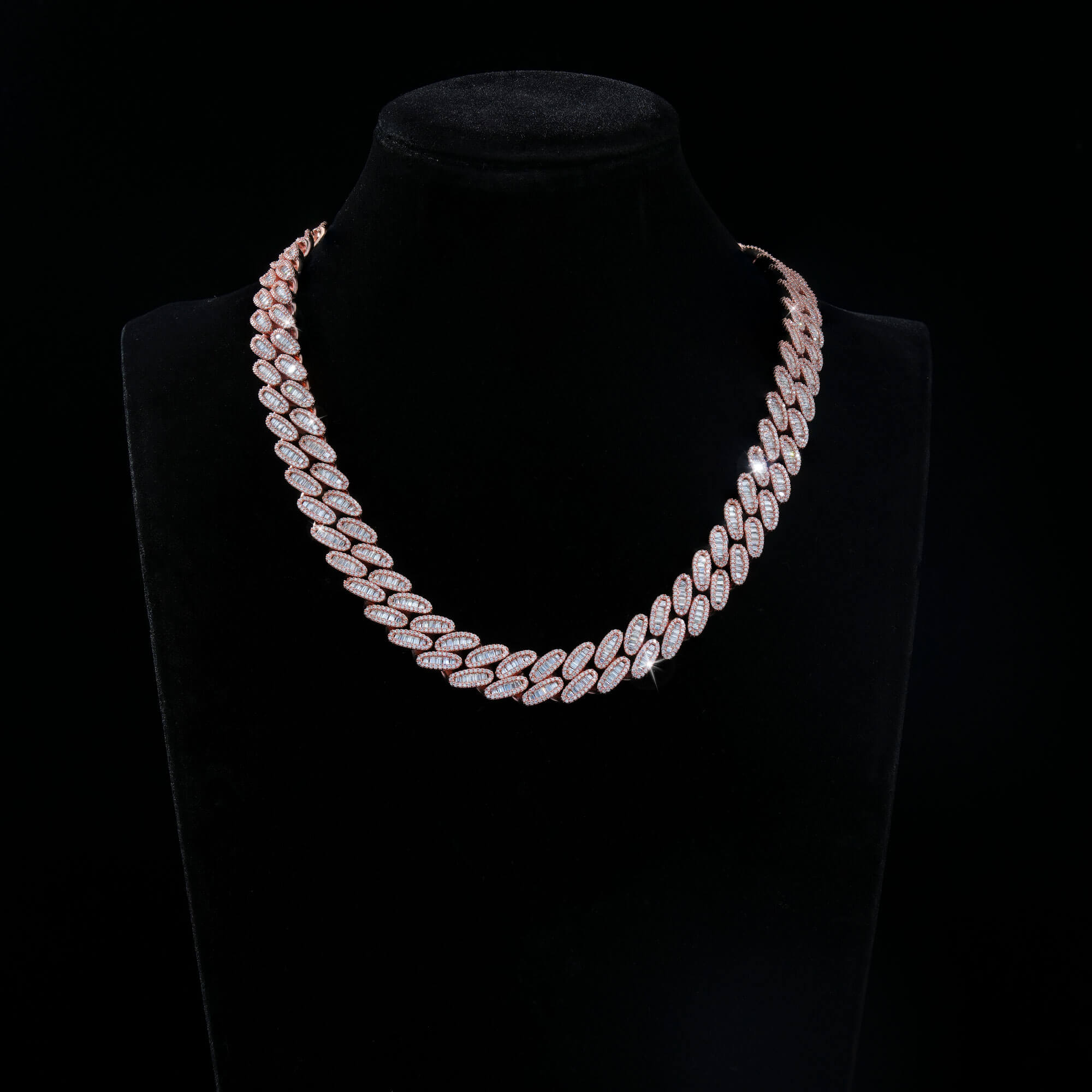 15MM 3 Row Baguette Moissanite Cuban Link Chain Iced Out Heavy Full Pavé Rose Gold Necklace