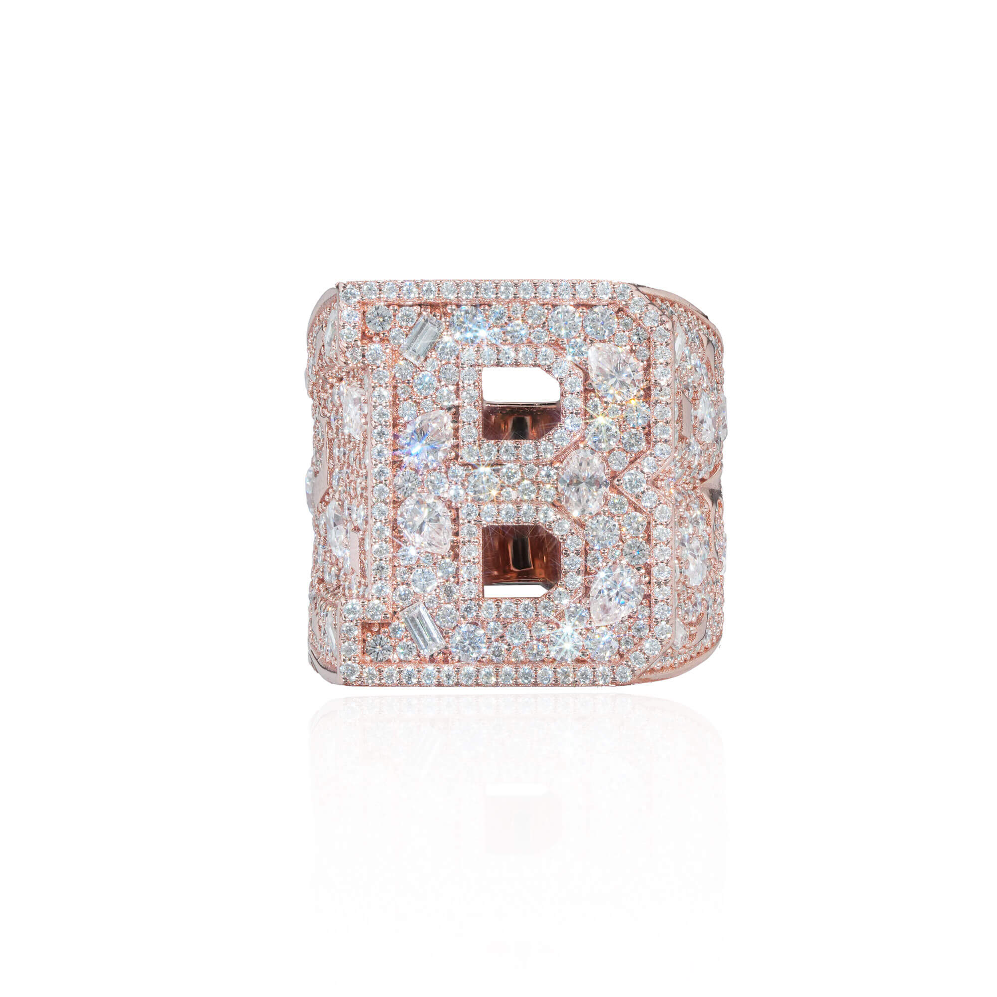 Custom Iced Out Letter Ring – Rose Gold Moissanite Statement Ring