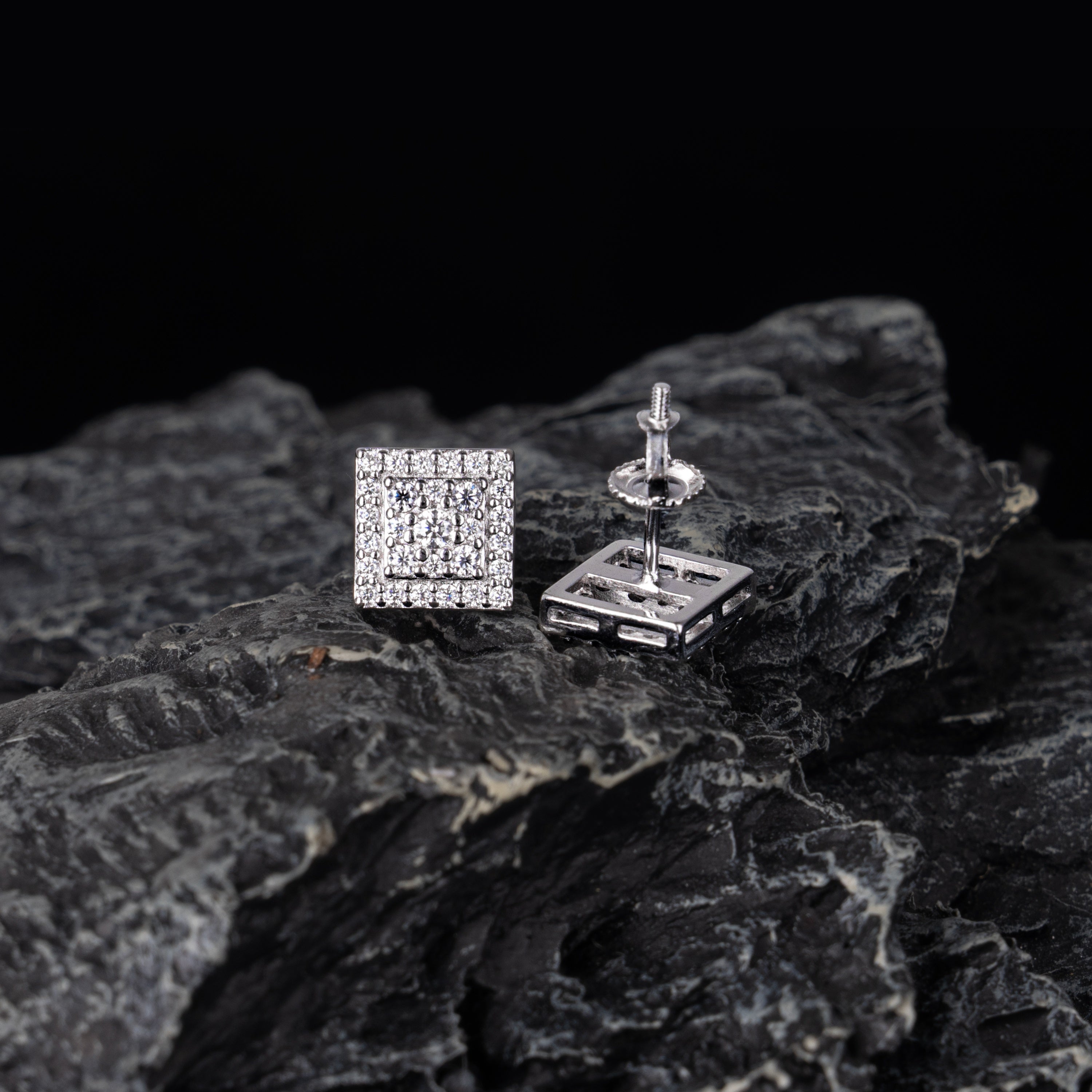 8MM Square Moissanite Stud Earrings VVS Double Halo Pavé Screw Back – alternate product view 3
