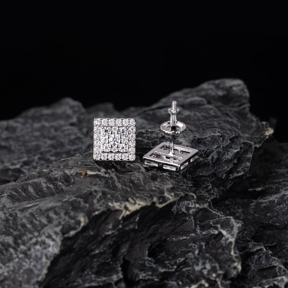 8MM Square Moissanite Stud Earrings VVS Double Halo Pavé Screw Back – alternate product view 3