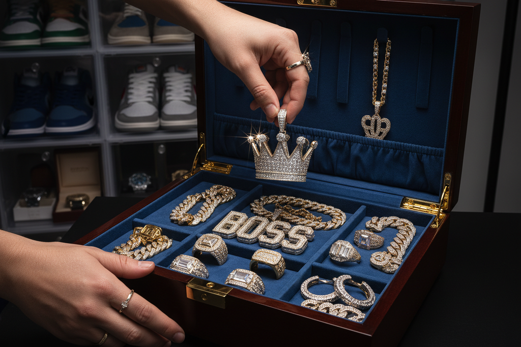 将嘻哈饰品放入盒子中